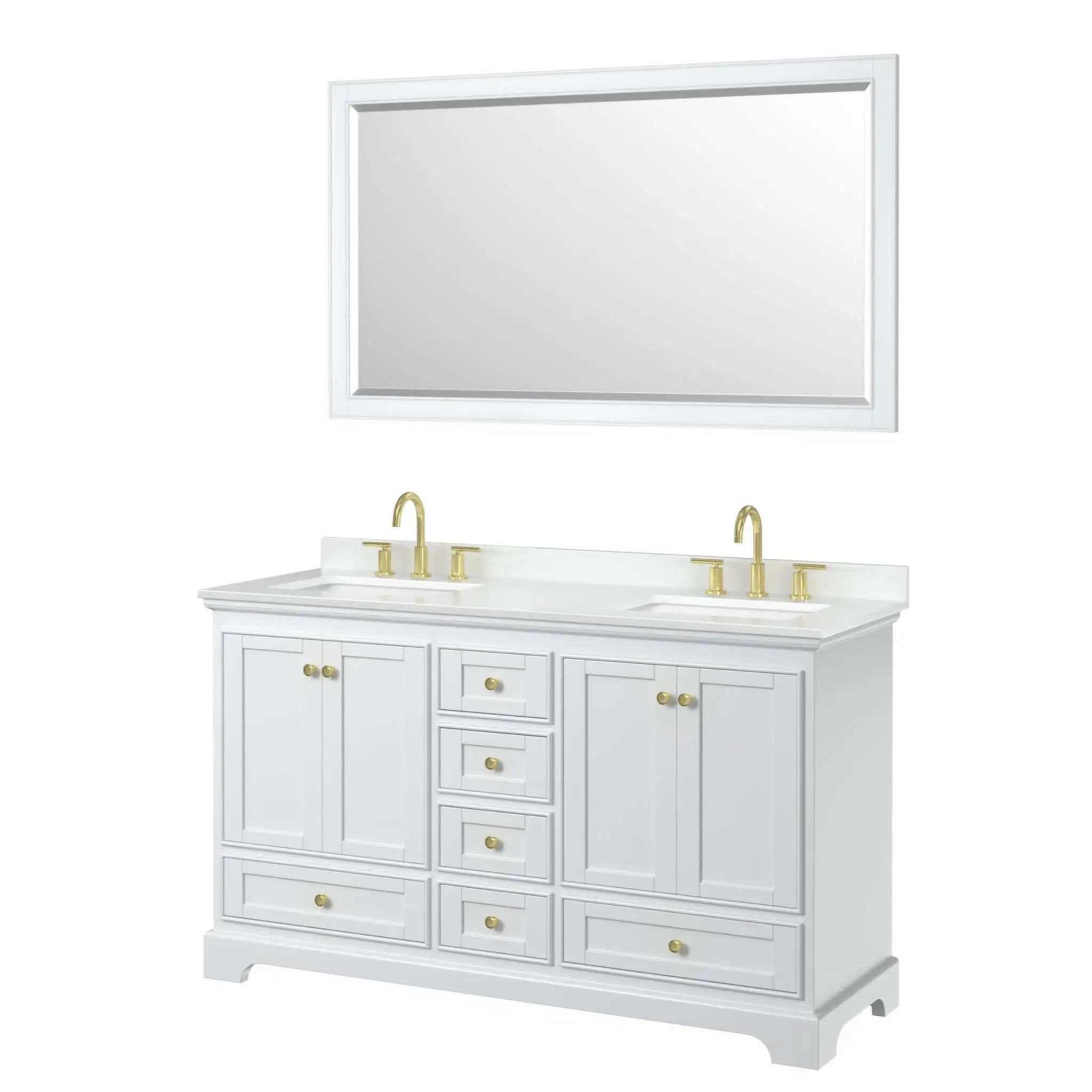 60" Deborah Double Bathroom Vanity in White with Brushed Gold Trim & 58" Mirror by Wyndham