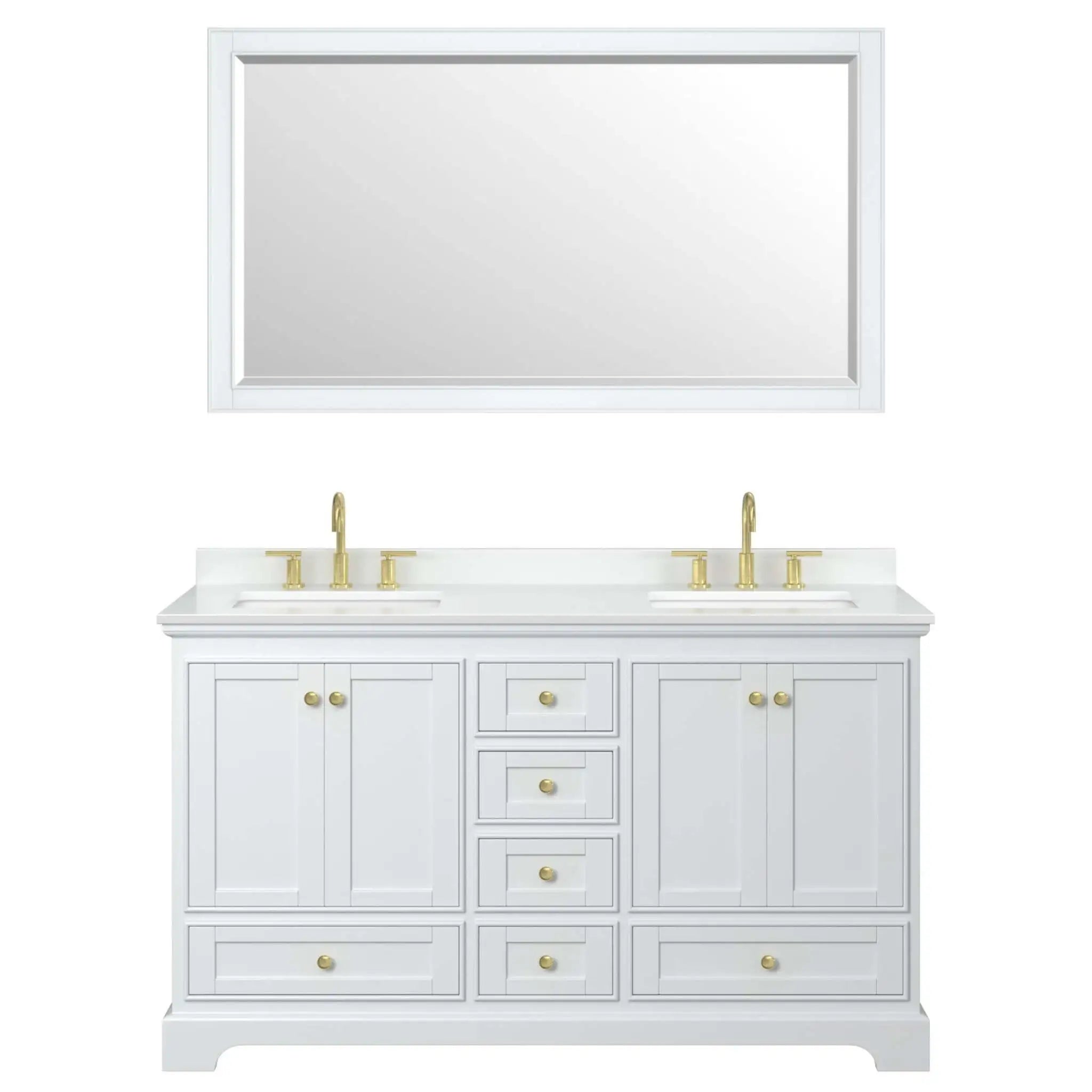 60" Deborah Double Bathroom Vanity in White with Brushed Gold Trim & 58" Mirror by Wyndham