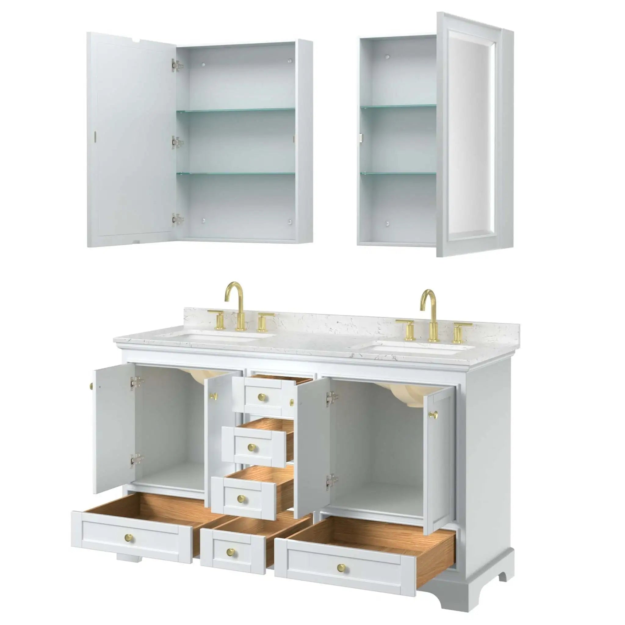 60" Deborah Double Bathroom Vanity in White with Brushed Gold Trim & Medicine Cabinet by Wyndham