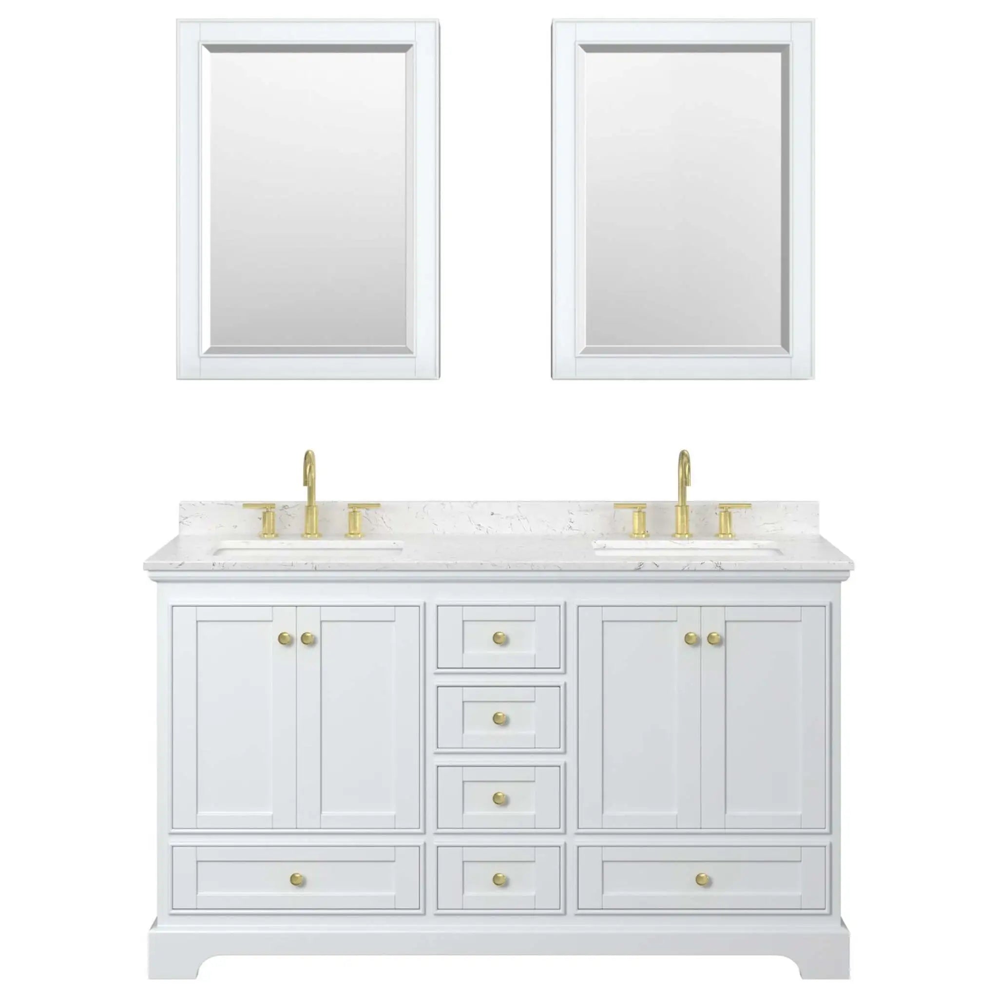 60" Deborah Double Bathroom Vanity in White with Brushed Gold Trim & Medicine Cabinet by Wyndham