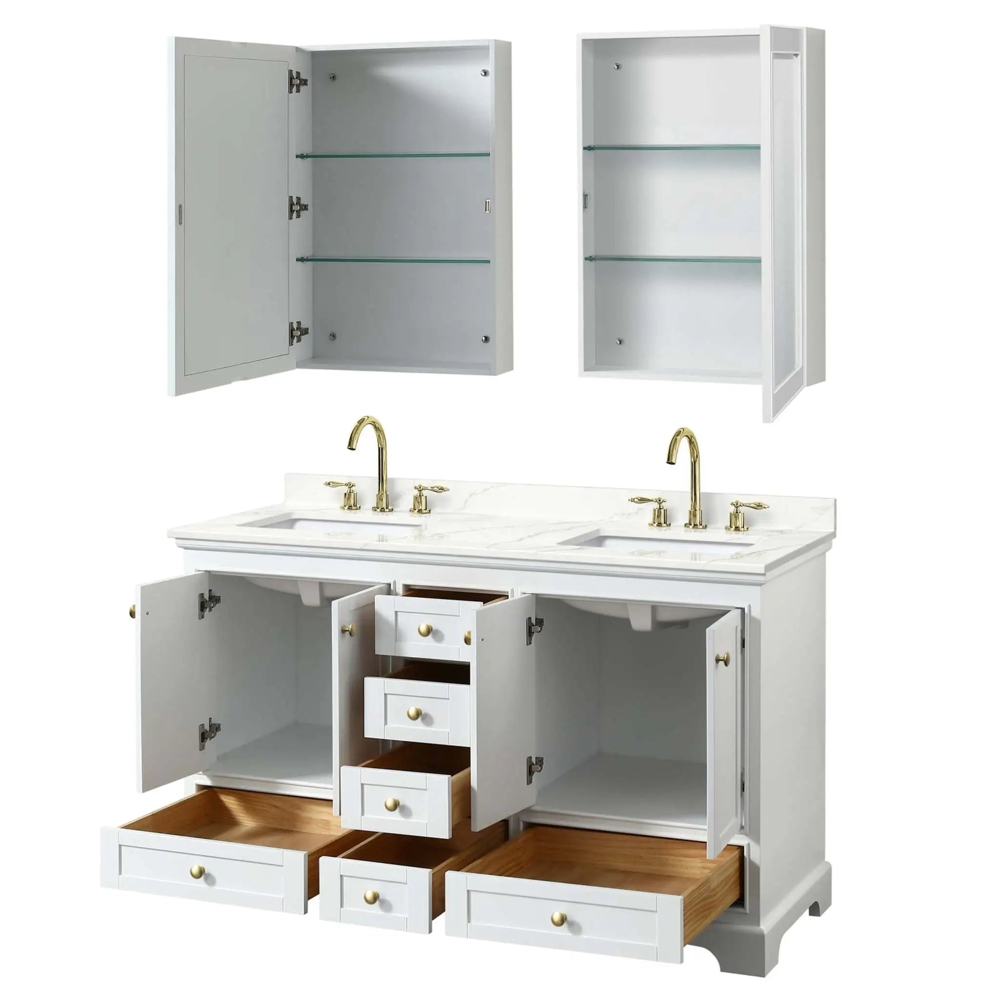 60" Deborah Double Bathroom Vanity in White with Brushed Gold Trim & Medicine Cabinet by Wyndham