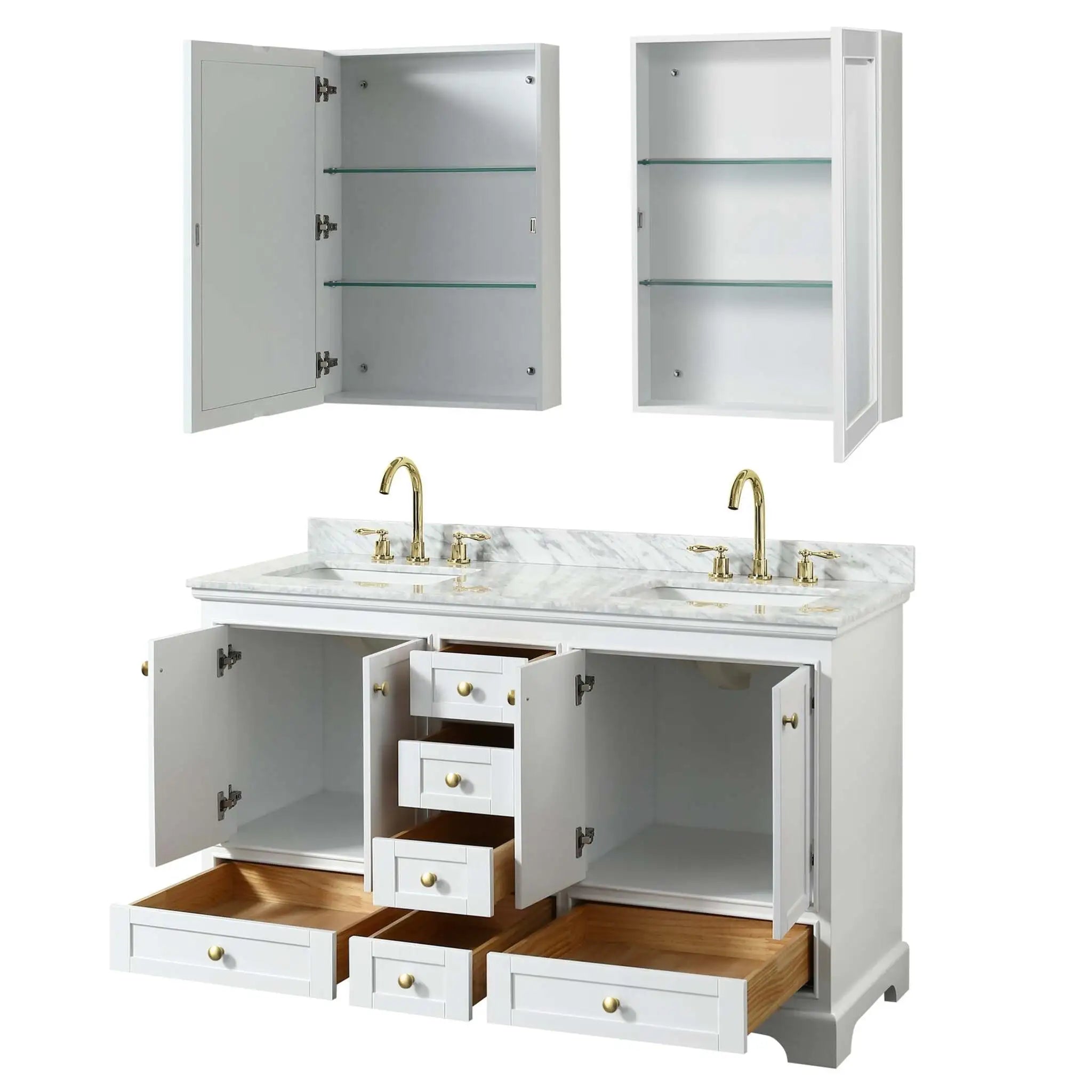 60" Deborah Double Bathroom Vanity in White with Brushed Gold Trim & Medicine Cabinet by Wyndham