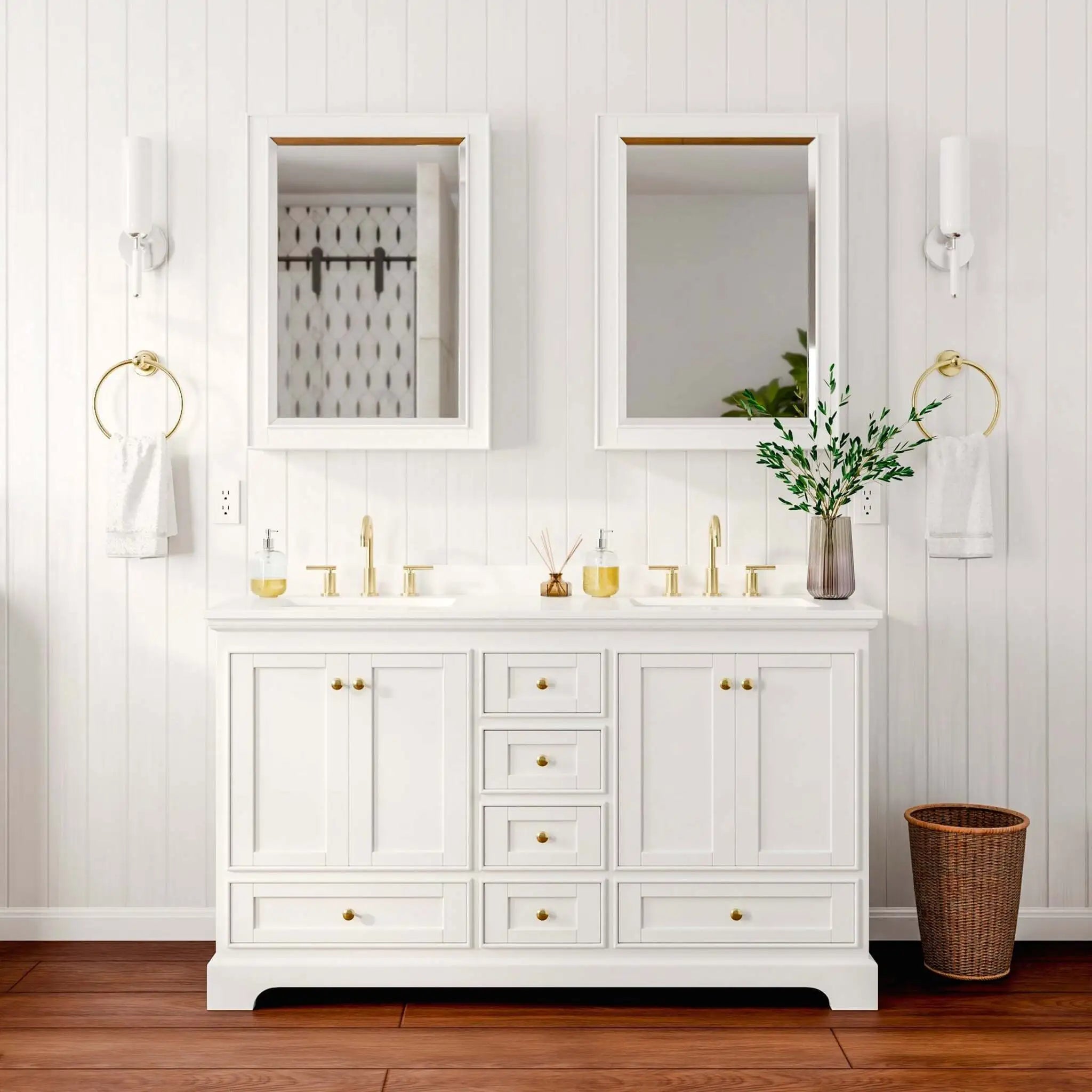 60" Deborah Double Bathroom Vanity in White with Brushed Gold Trim & Medicine Cabinet by Wyndham