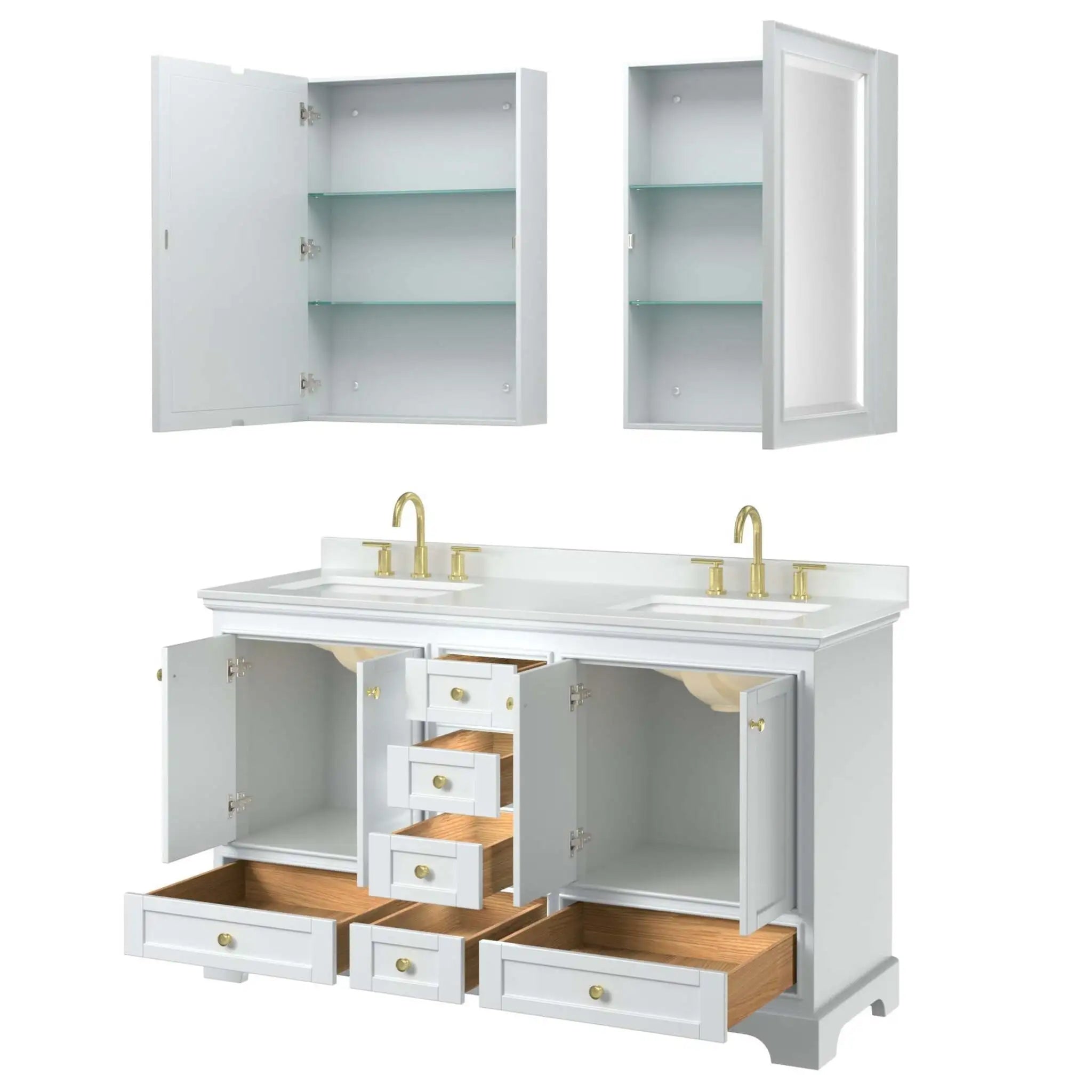 60" Deborah Double Bathroom Vanity in White with Brushed Gold Trim & Medicine Cabinet by Wyndham