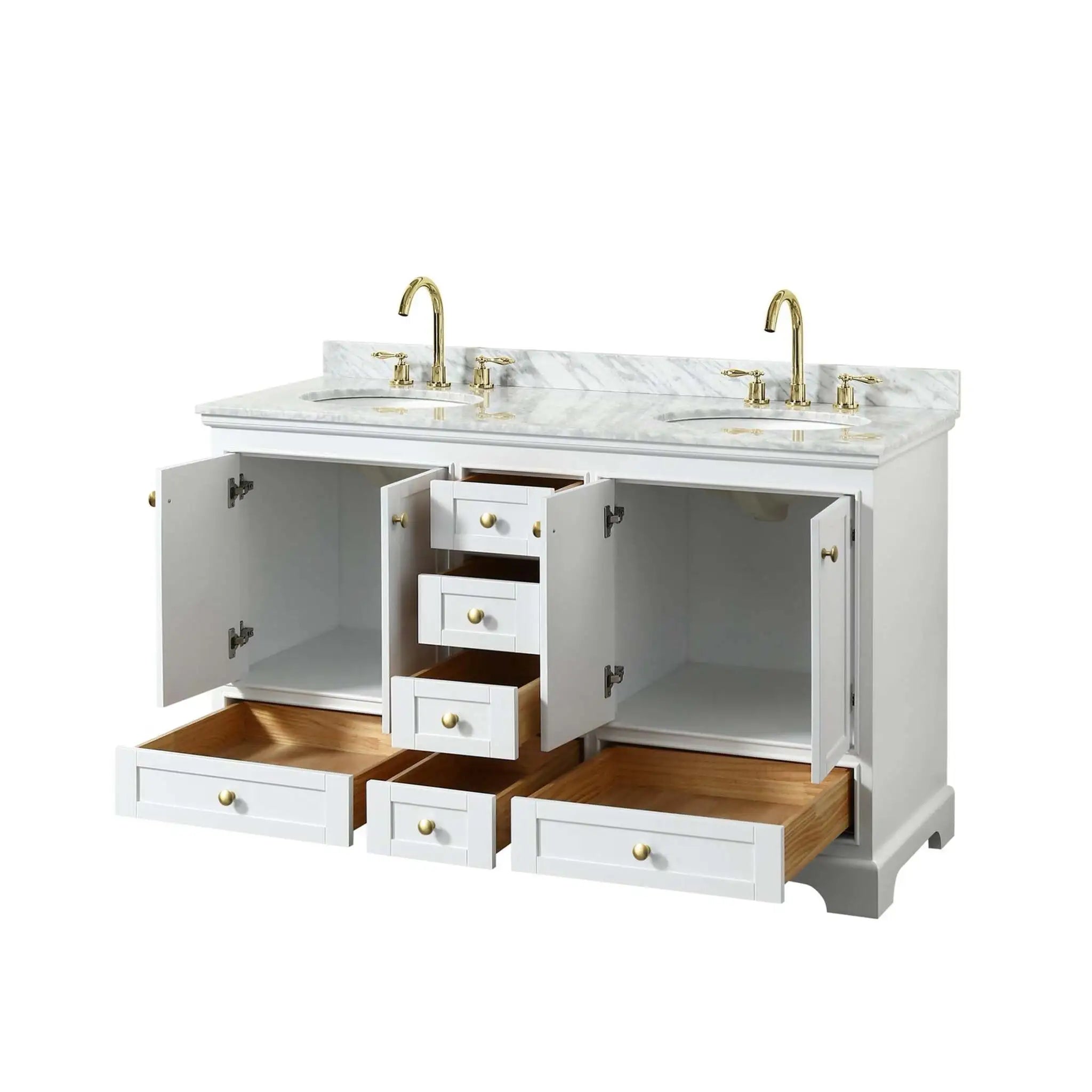 60" Deborah Double Bathroom Vanity in White with Brushed Gold Trim by Wyndham