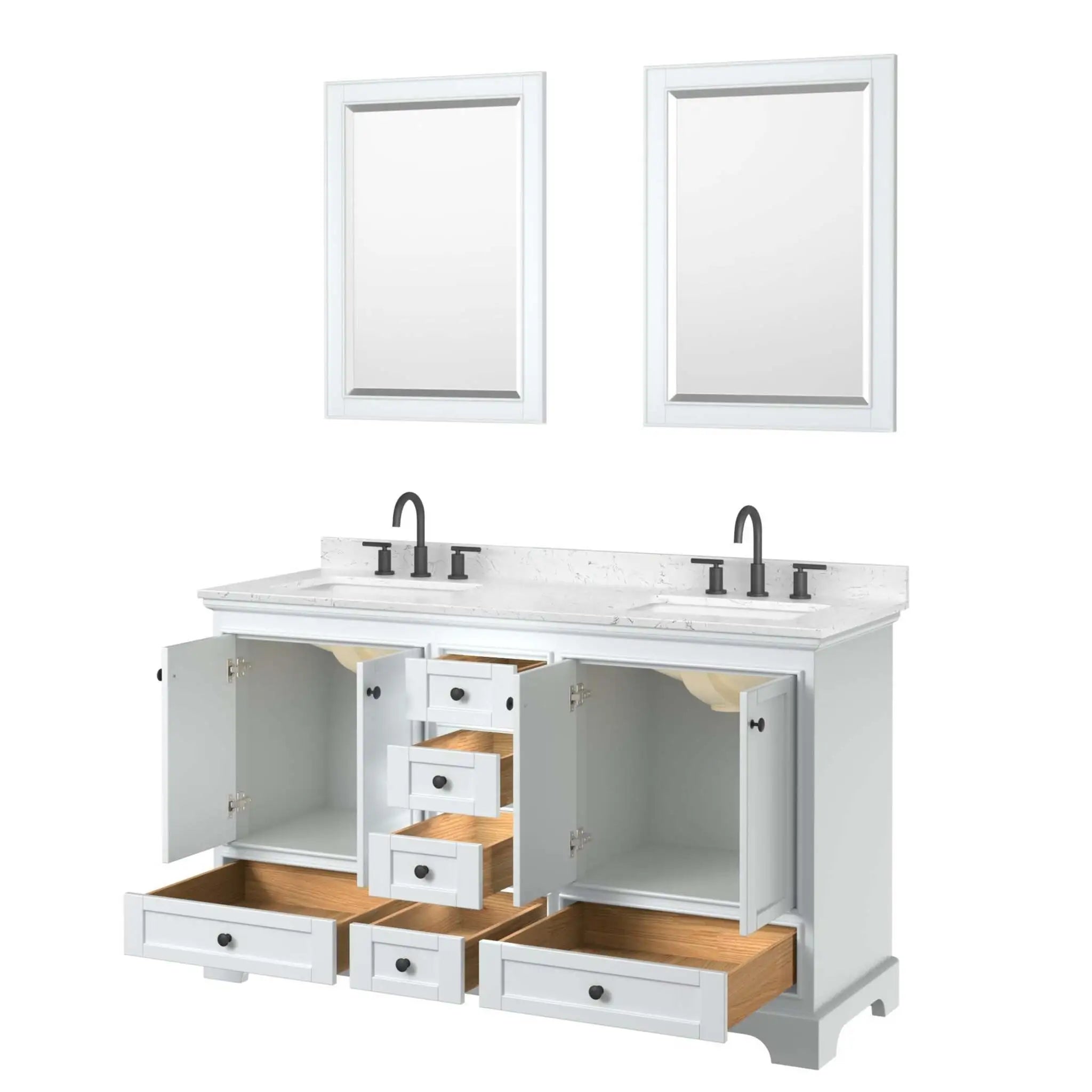 60" Deborah Double Bathroom Vanity in White with Matte Black Trim & 24" Mirror by Wyndham