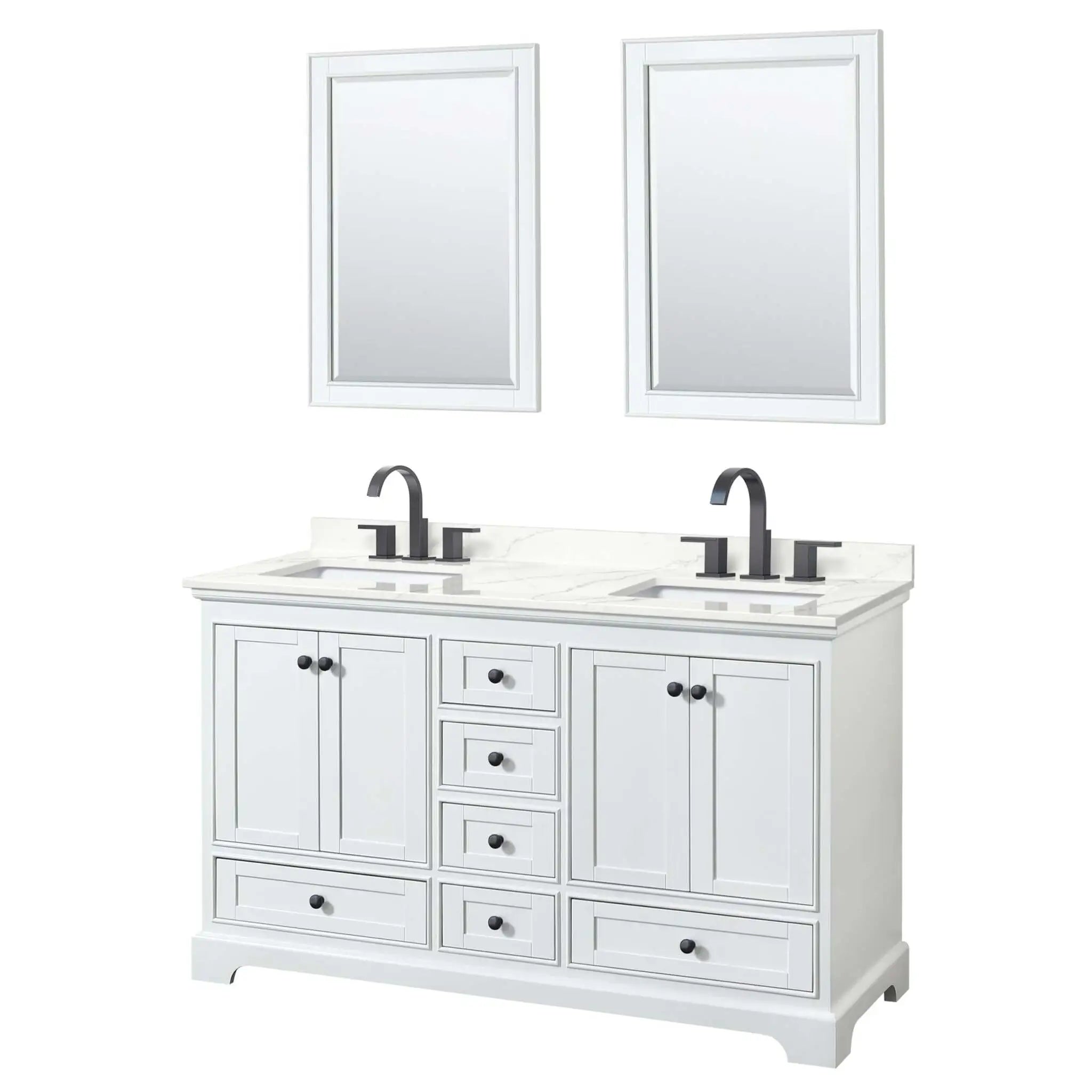 60" Deborah Double Bathroom Vanity in White with Matte Black Trim & 24" Mirror by Wyndham