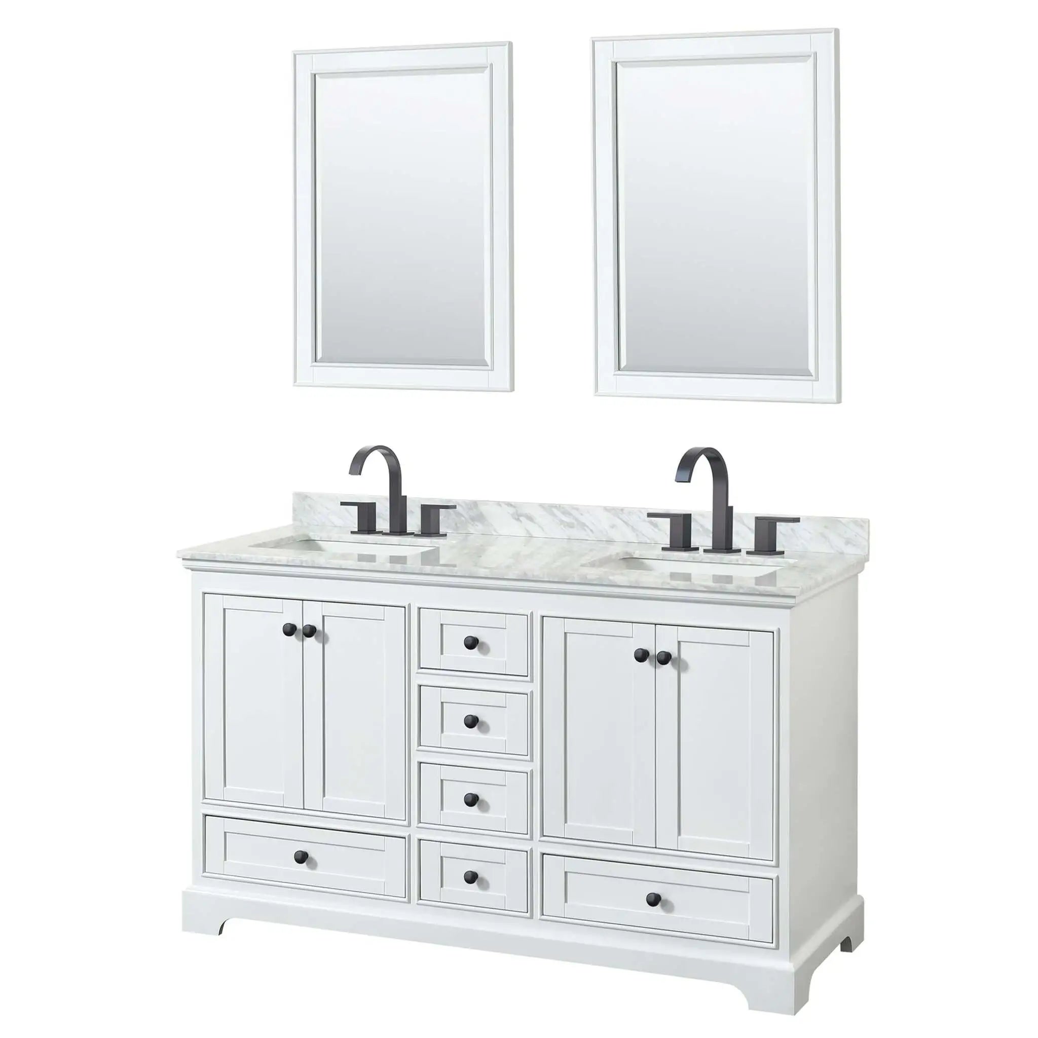 60" Deborah Double Bathroom Vanity in White with Matte Black Trim & 24" Mirror by Wyndham