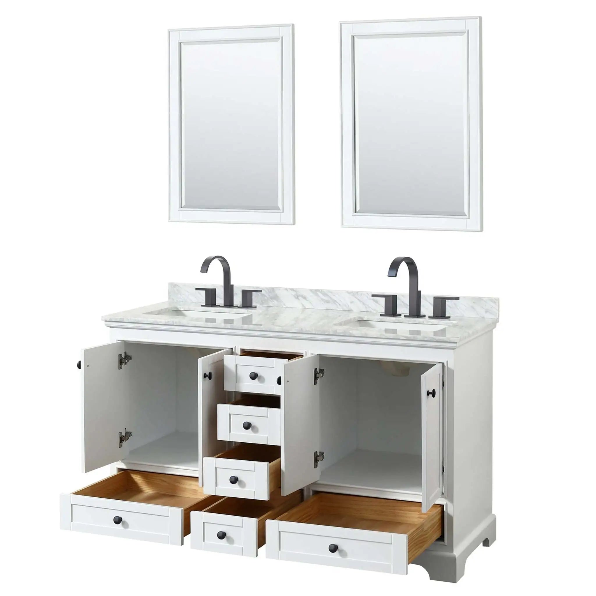 60" Deborah Double Bathroom Vanity in White with Matte Black Trim & 24" Mirror by Wyndham