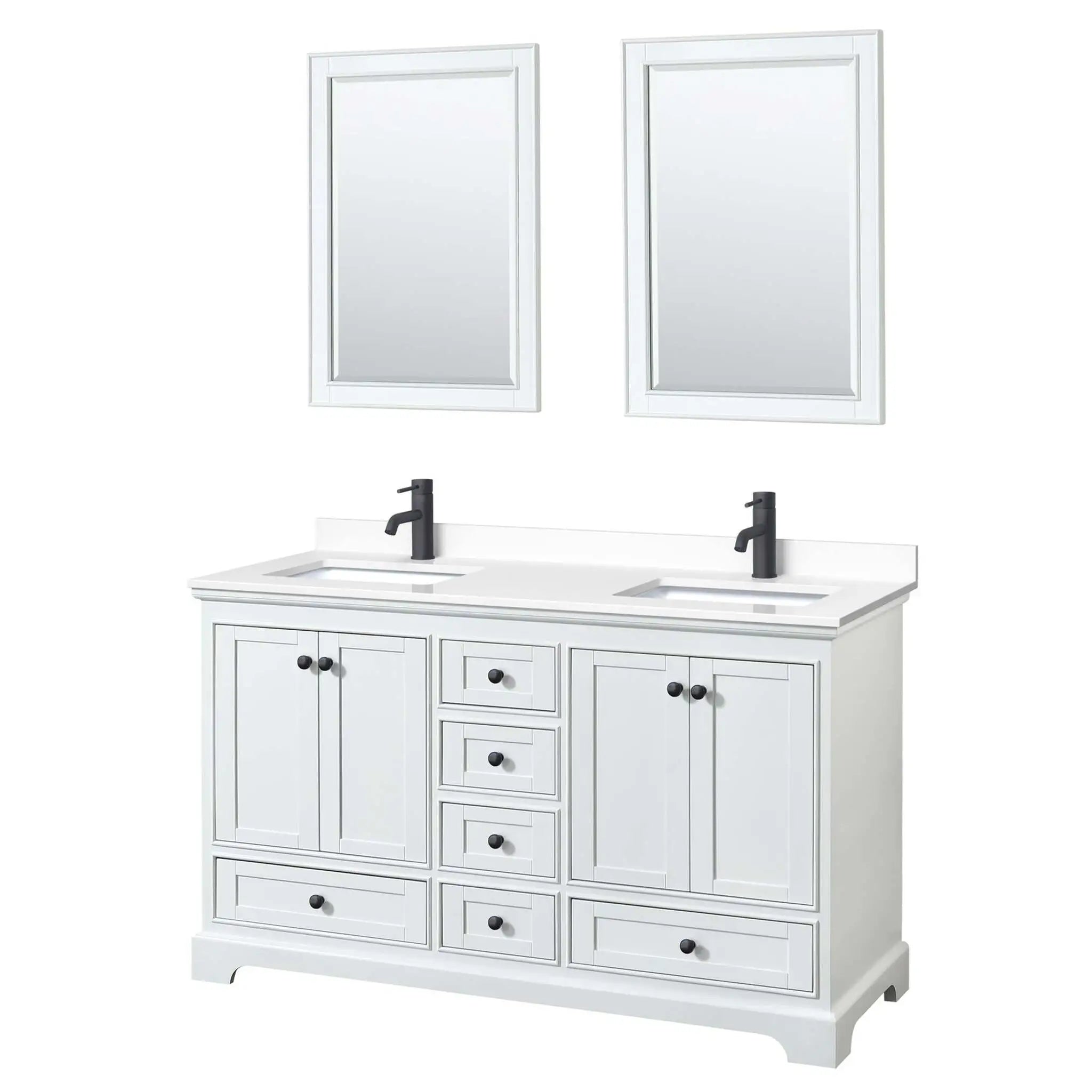 60" Deborah Double Bathroom Vanity in White with Matte Black Trim & 24" Mirror by Wyndham
