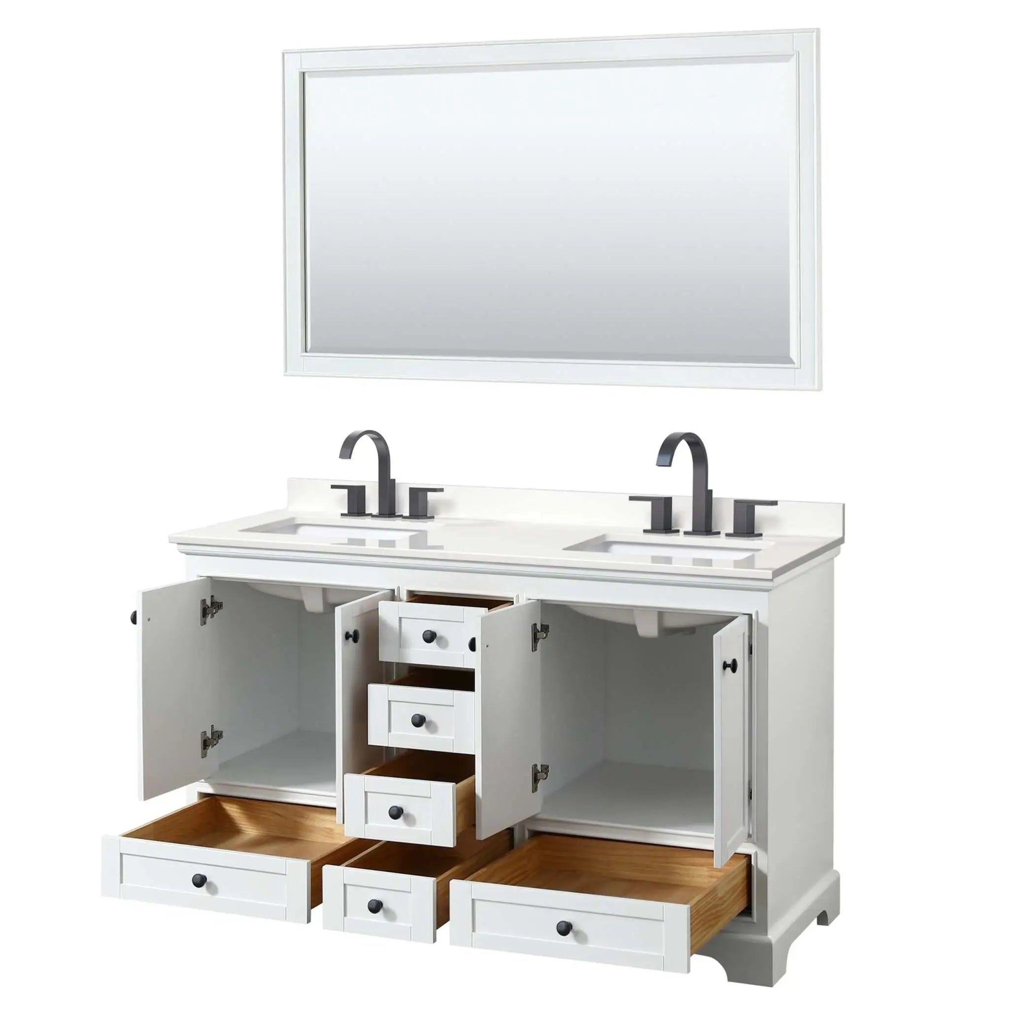 60" Deborah Double Bathroom Vanity in White with Matte Black Trim & 58" Mirror by Wyndham