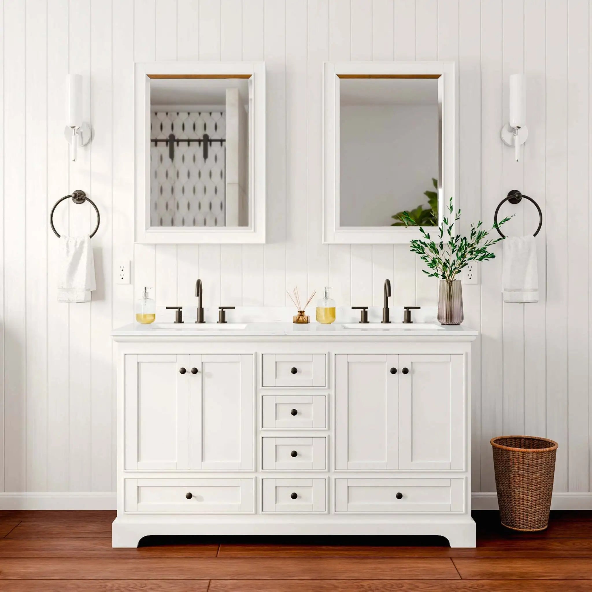 60" Deborah Double Bathroom Vanity in White with Matte Black Trim & Medicine Cabinet by Wyndham