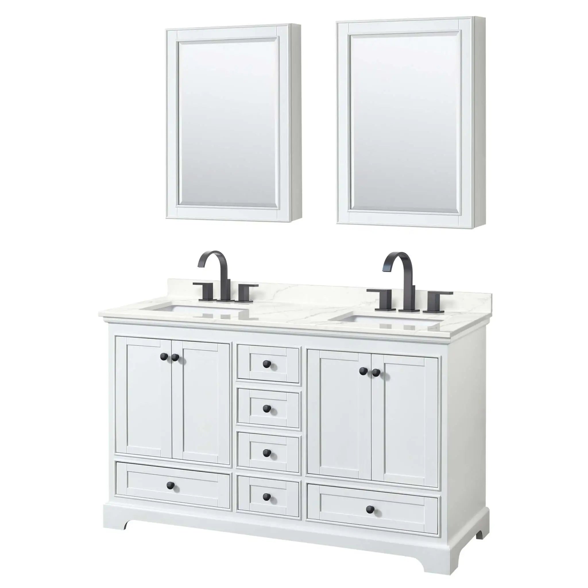 60" Deborah Double Bathroom Vanity in White with Matte Black Trim & Medicine Cabinet by Wyndham