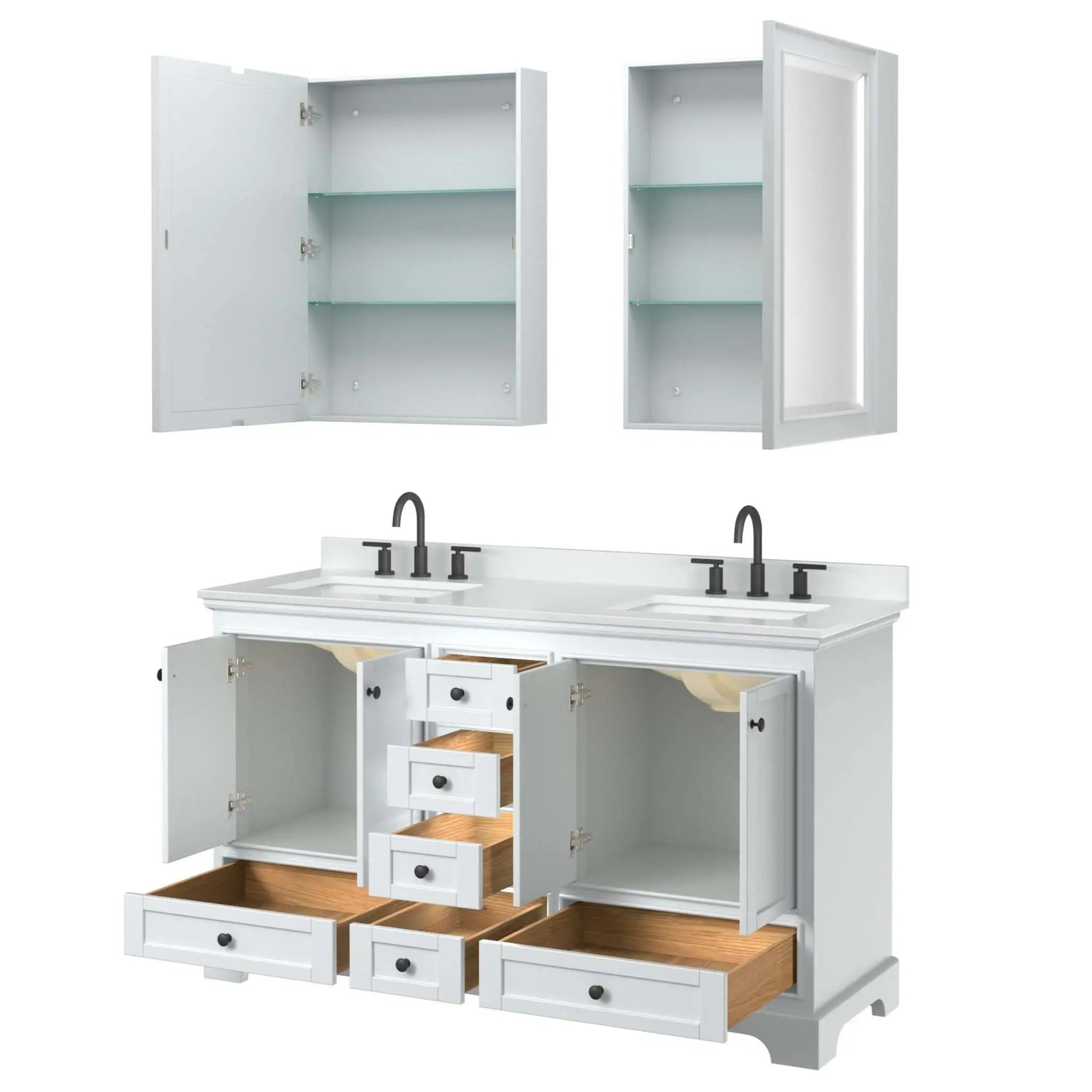 60" Deborah Double Bathroom Vanity in White with Matte Black Trim & Medicine Cabinet by Wyndham
