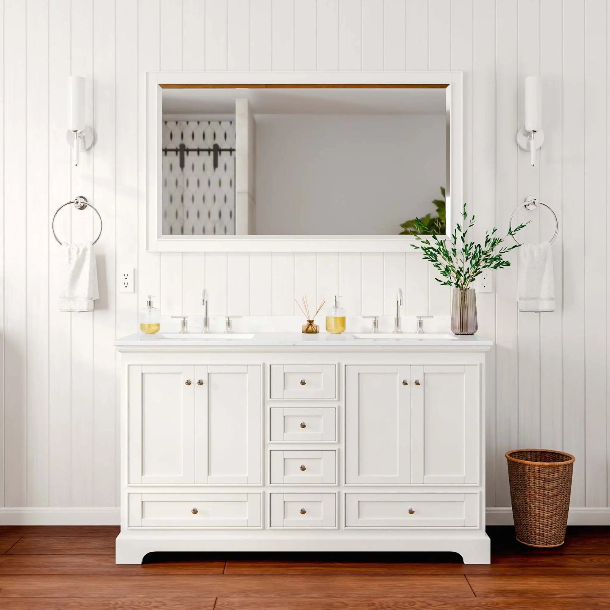 60" Deborah Double Bathroom Vanity in White with Polished Chrome Trim & 58" Mirror by Wyndham
