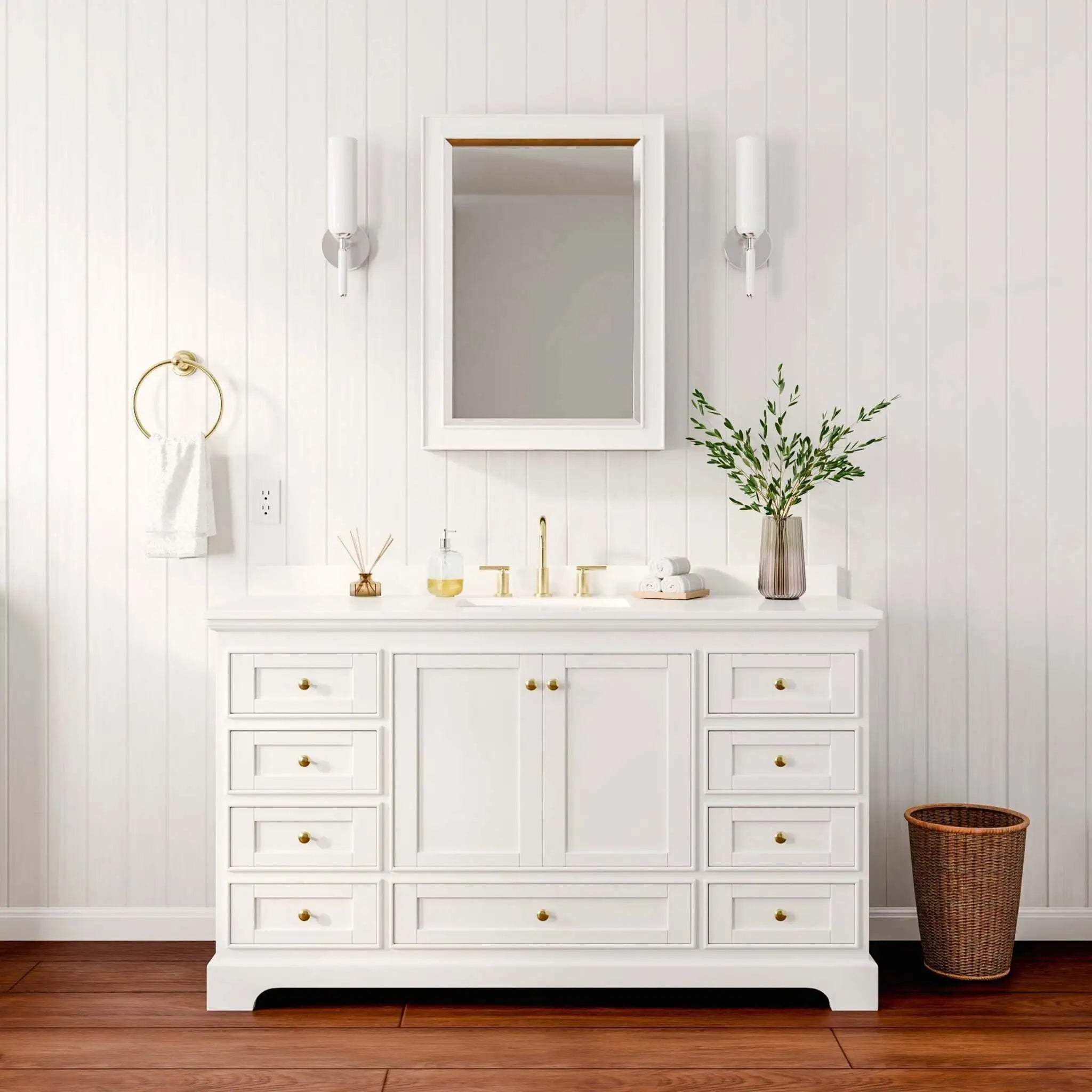 60" Deborah Single Bathroom Vanity in White with Brushed Gold Trim & Medicine Cabinet by Wyndham