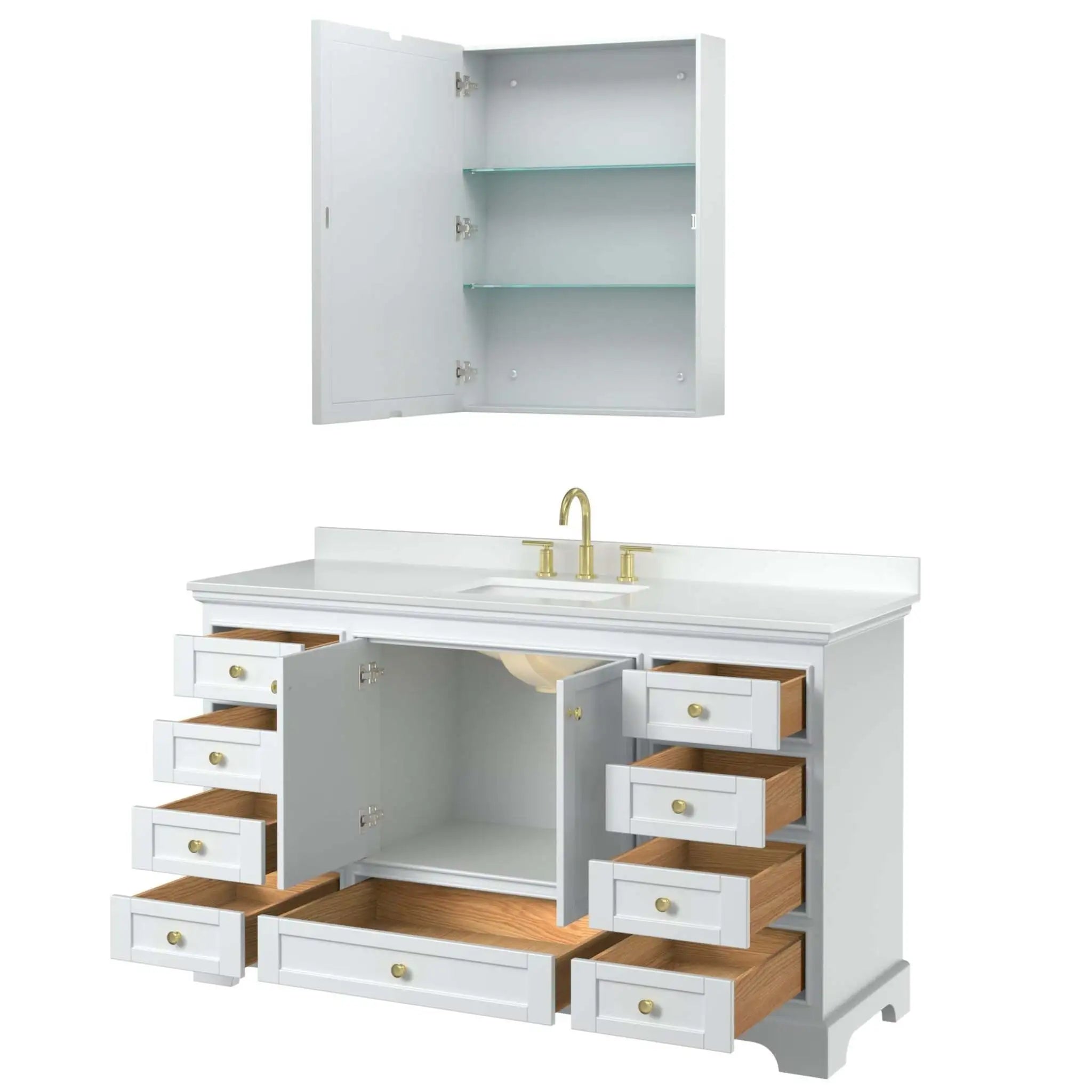 60" Deborah Single Bathroom Vanity in White with Brushed Gold Trim & Medicine Cabinet by Wyndham