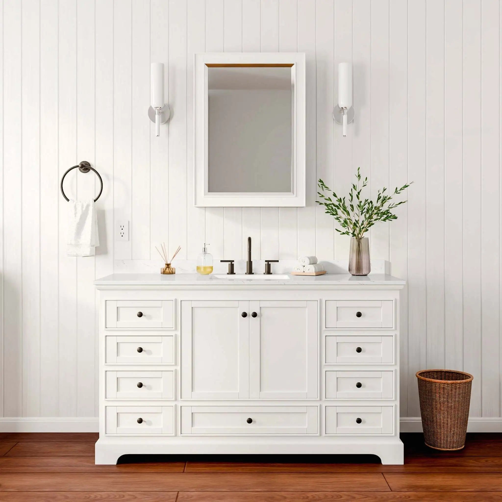 60" Deborah Single Bathroom Vanity in White with Matte Black Trim & Medicine Cabinet by Wyndham