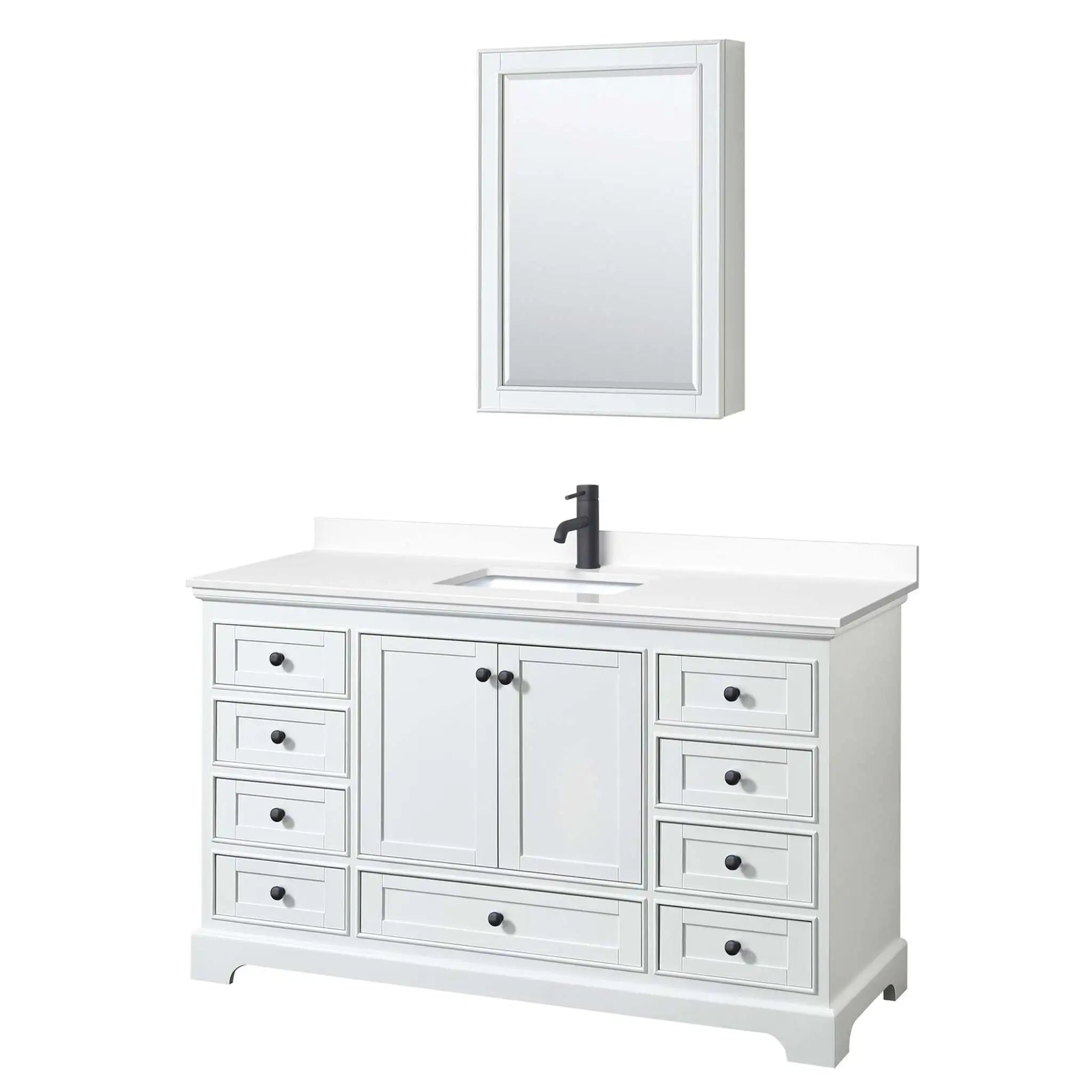 60" Deborah Single Bathroom Vanity in White with Matte Black Trim & Medicine Cabinet by Wyndham