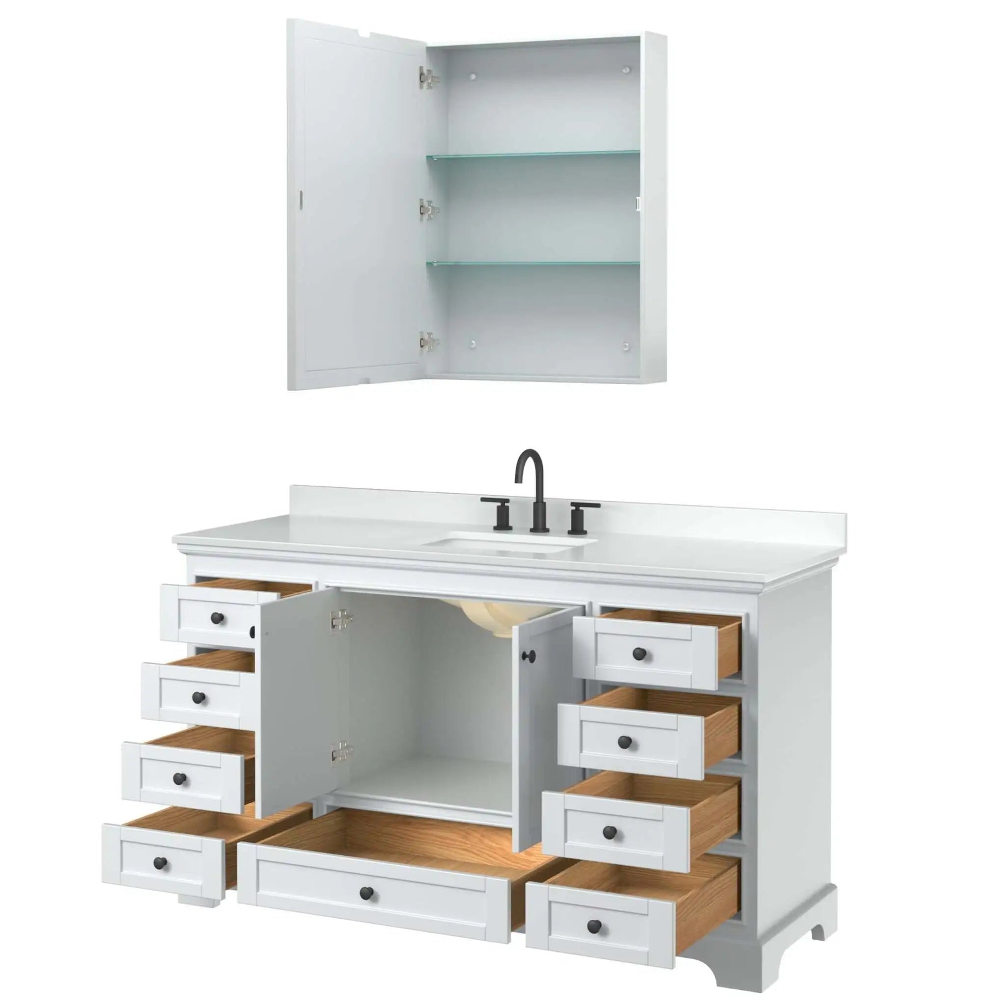 60" Deborah Single Bathroom Vanity in White with Matte Black Trim & Medicine Cabinet by Wyndham
