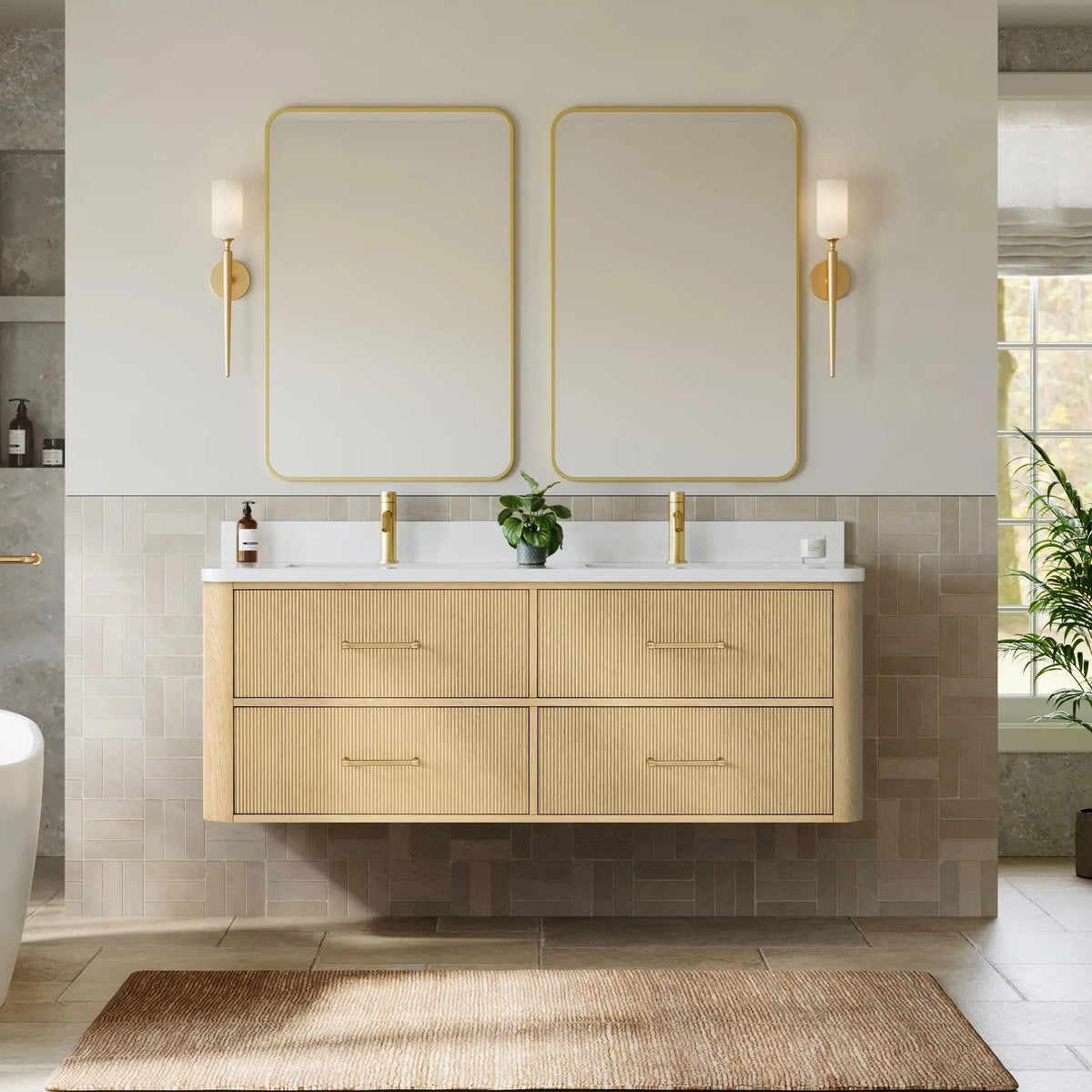 60" Francesca Double Wall Mounted Bathroom Vanity Scandinavian Oak Satin Bronze Trim by wyndham View 4