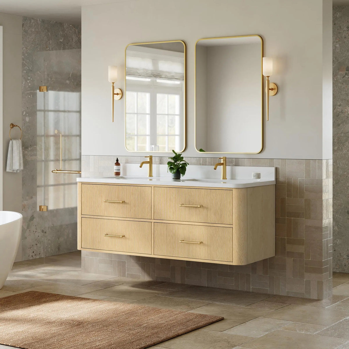 60" Francesca Double Wall Mounted Bathroom Vanity Scandinavian Oak Satin Bronze Trim by wyndham View 2