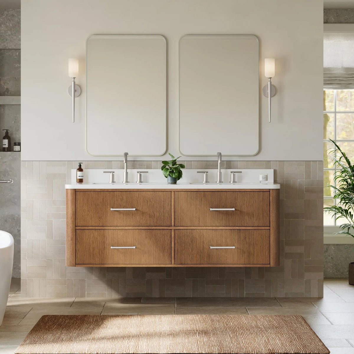 60" Francesca Double Wall Mounted Bathroom Vanity Toasted Walnut Brushed Nickel Trim by wyndham View 19