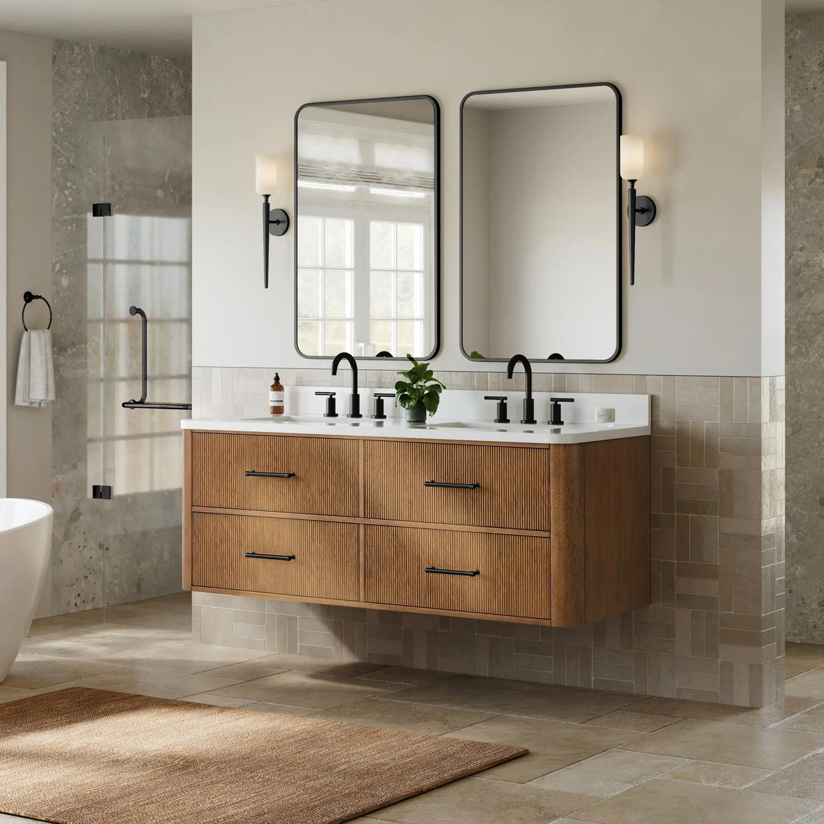 60" Francesca Double Wall Mounted Bathroom Vanity Toasted Walnut Matte Black Trim by wyndham View 7
