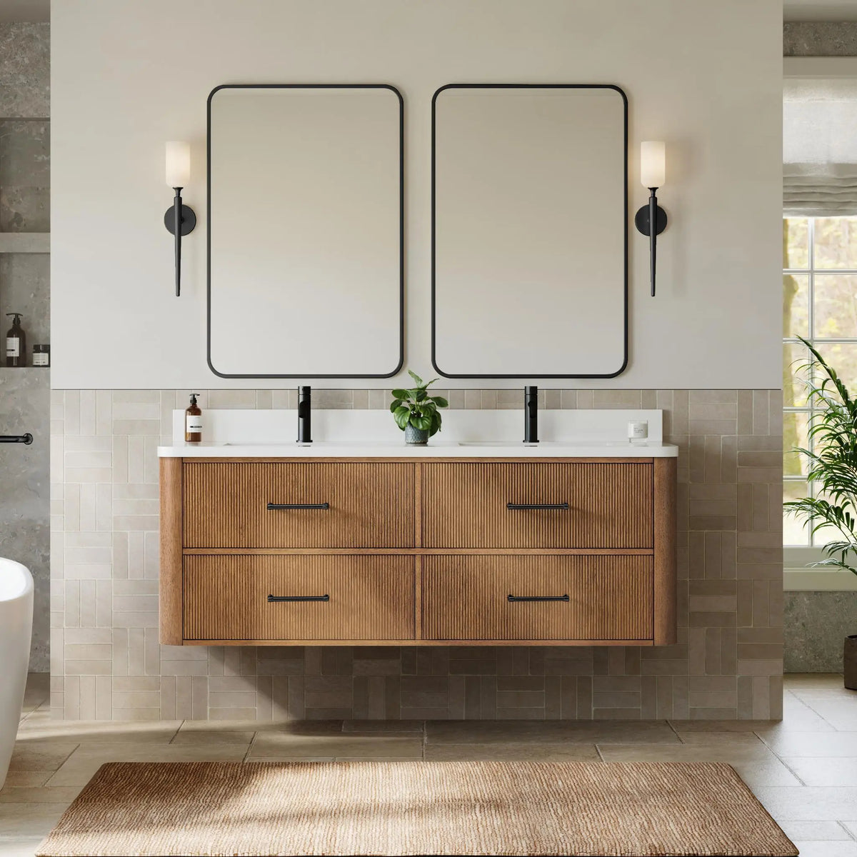 60" Francesca Double Wall Mounted Bathroom Vanity Toasted Walnut Matte Black Trim by wyndham View 14