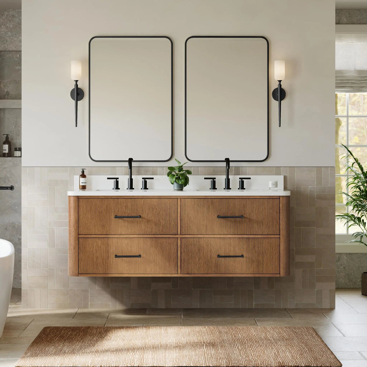 60" Francesca Double Wall Mounted Bathroom Vanity Toasted Walnut Matte Black Trim by wyndham View 19