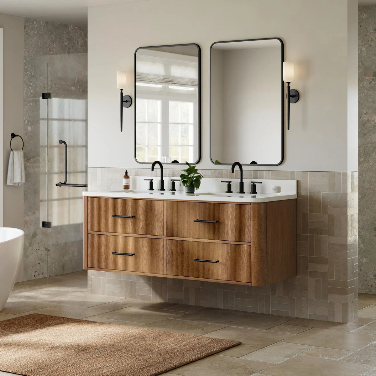 60" Francesca Double Wall Mounted Bathroom Vanity Toasted Walnut Matte Black Trim by wyndham View 17