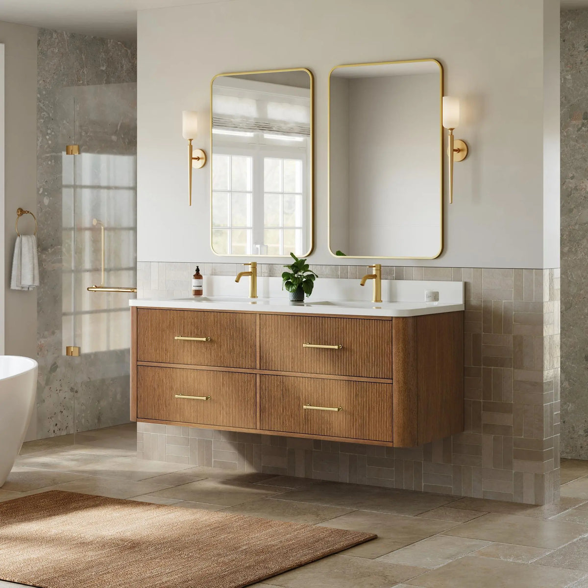 60" Francesca Double Wall Mounted Bathroom Vanity Toasted Walnut Satin Bronze Trim by wyndham View 12