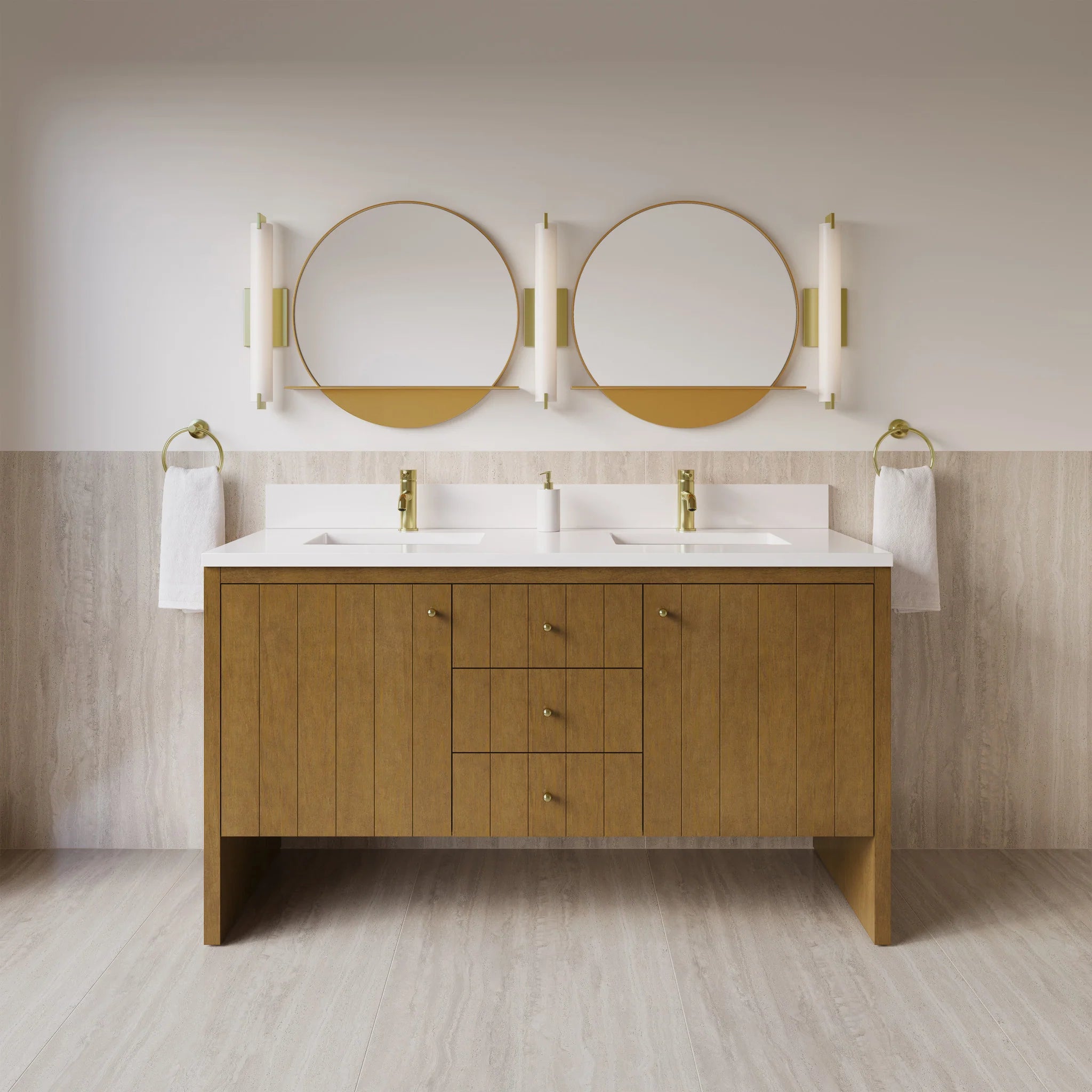 60" Hudson Double Vanity in Honey Oak by James Martin Vanities-White Zeus Silestone & Backsplash 1