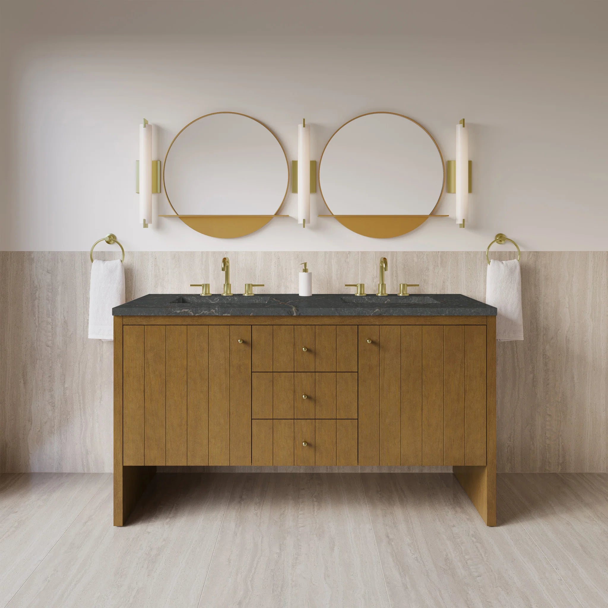 60" Hudson Double Vanity in Honey Oak w/FreePower Wireless Charger by James Martin Vanities-Parisien Bleu Silestone 1