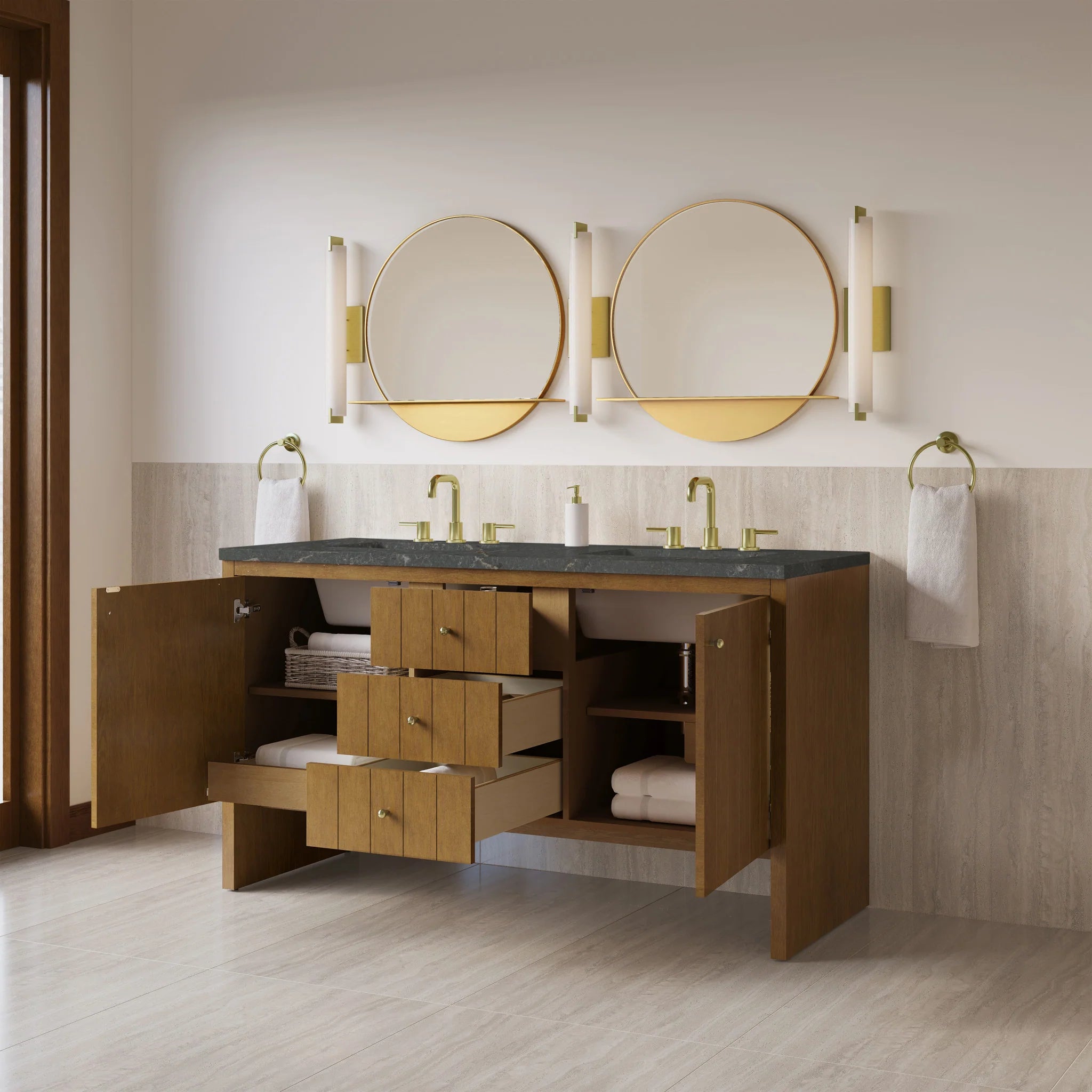 60" Hudson Double Vanity in Honey Oak w/FreePower Wireless Charger by James Martin Vanities-Parisien Bleu Silestone 3