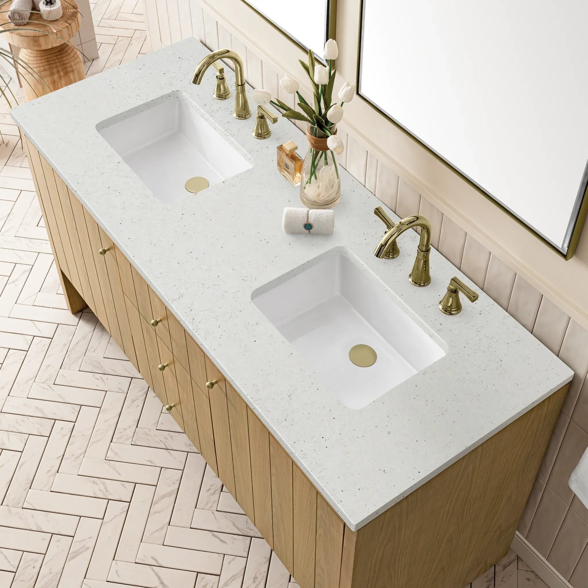 60" Hudson Double Vanity in Light Natural Oak-Lime Delight Silestone-8" Widespread image 5