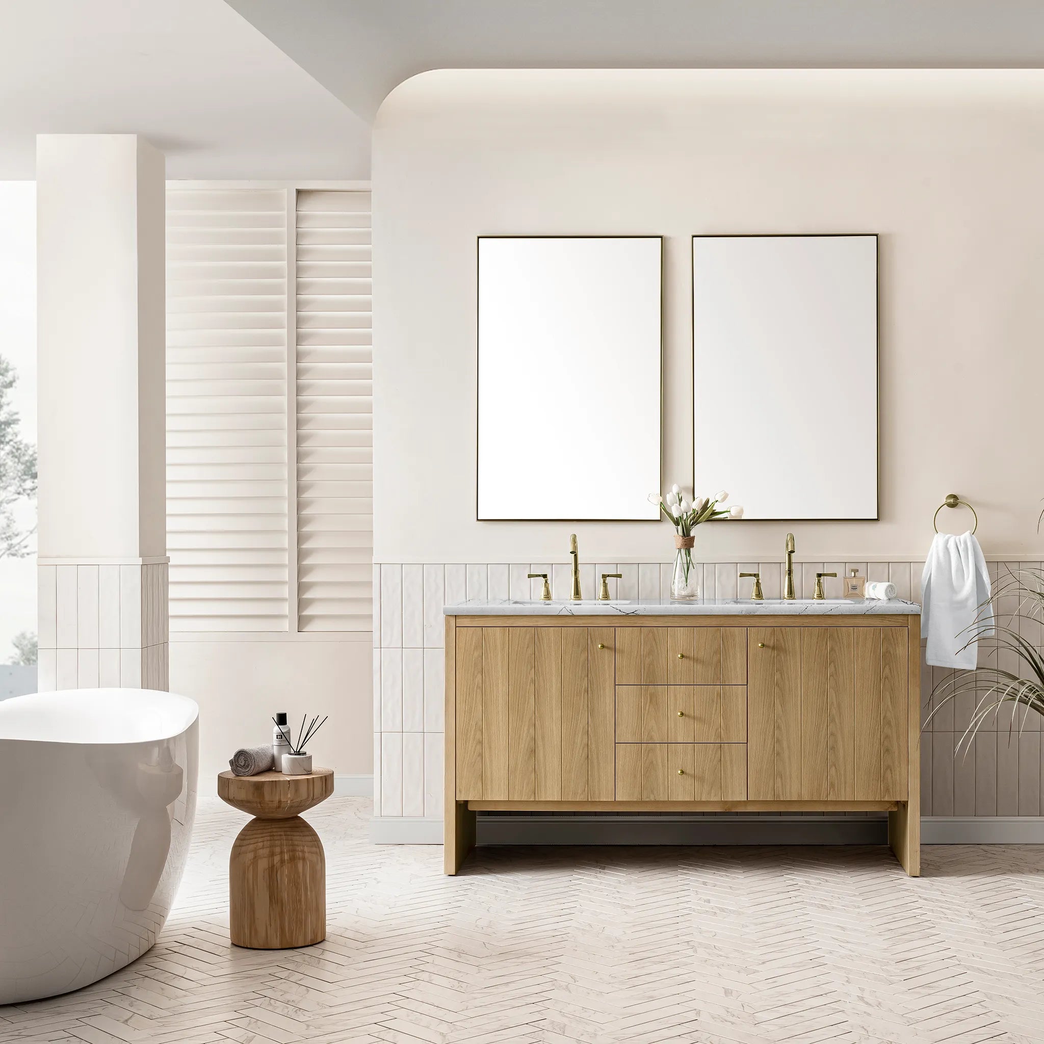 60" Hudson Double Vanity in Light Natural Oak w/FreePower Wireless Charger-Ethereal Noctis Silestone-8" Widespread image 4