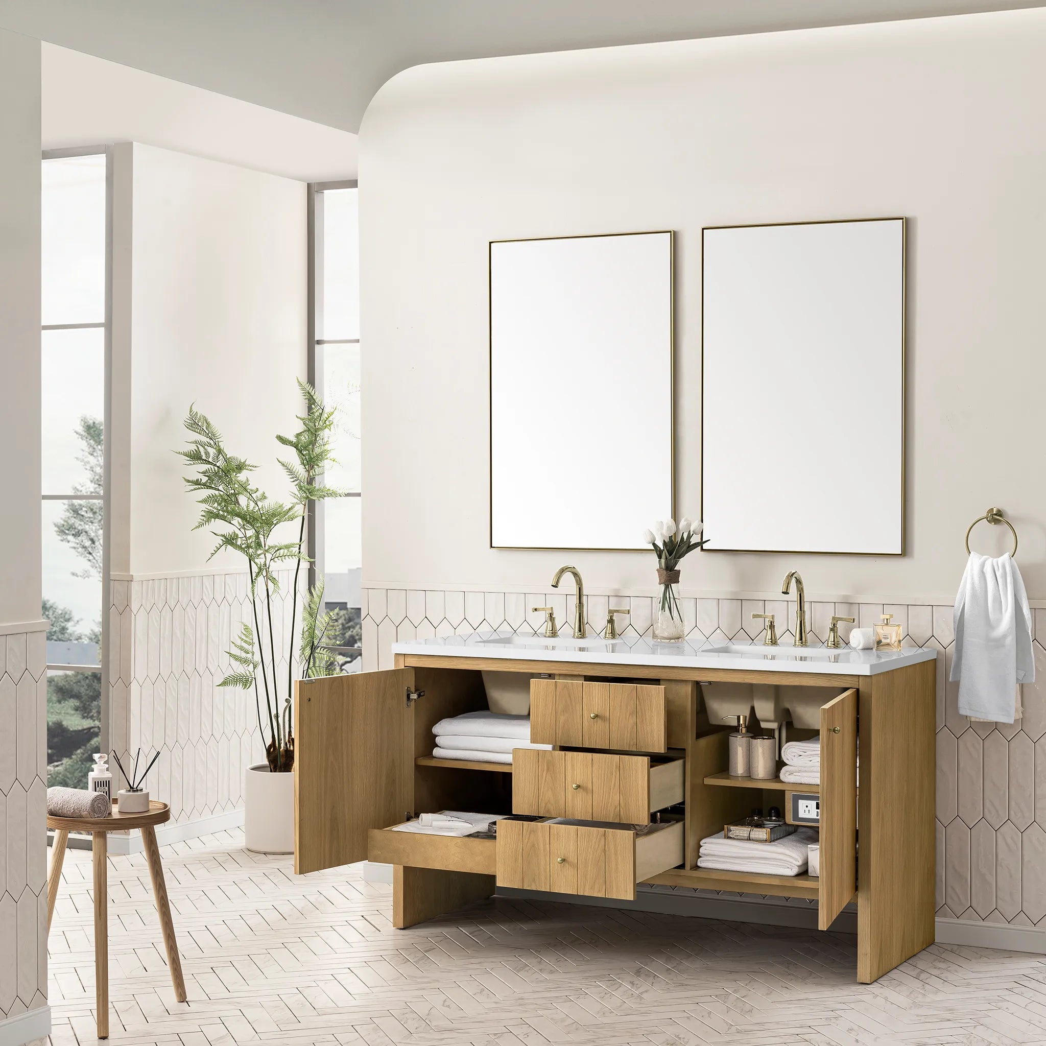 60" Hudson Double Vanity in Light Natural Oak-White Zeus Silestone-8" Widespread image 4