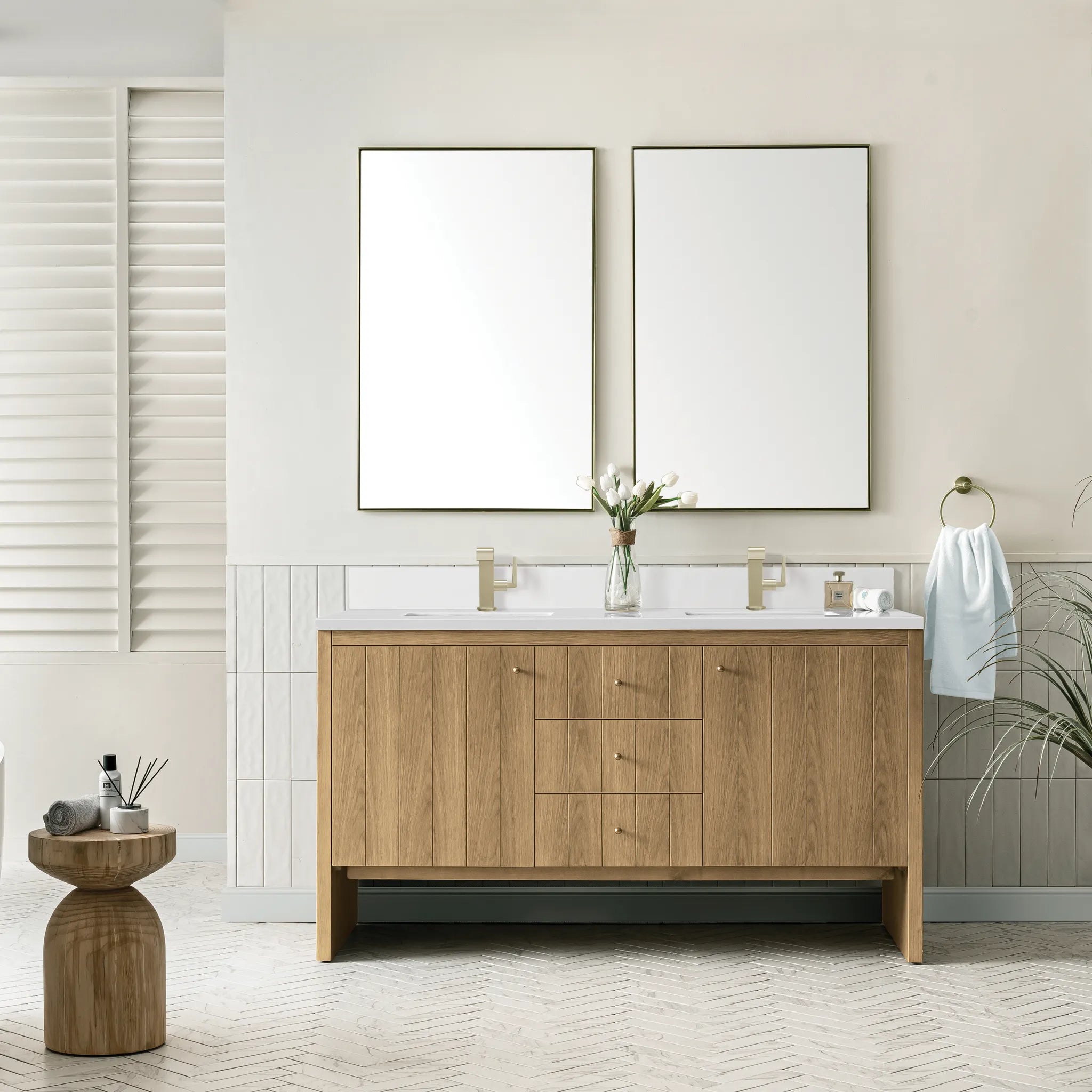 60" Hudson Double Vanity in Light Natural Oak-White Zeus Silestone & Backsplash-Single Hole image 1