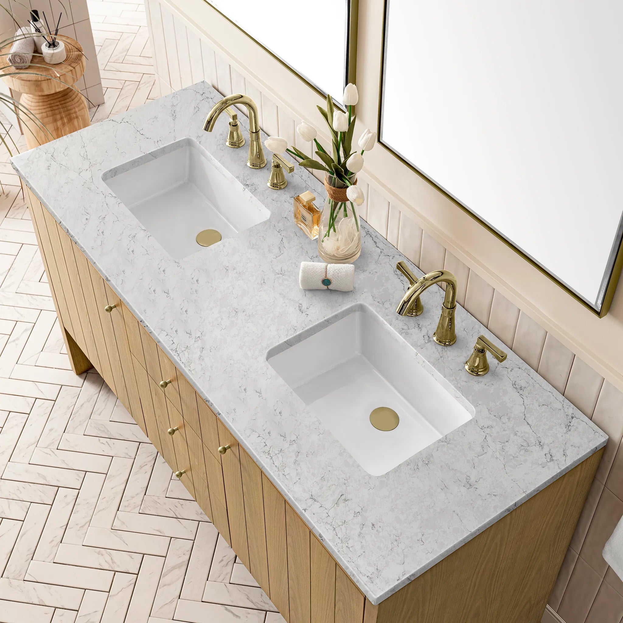 60" Hudson Double Vanity in Light Natural Oak Wireless Charger-Eternal Jasmine Pearl Silestone-8" Widespread image 8