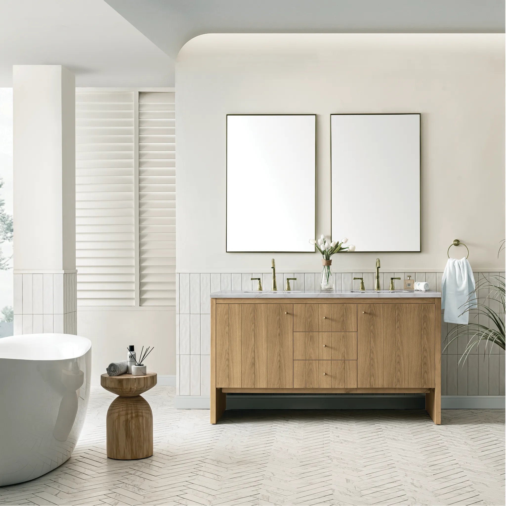 60" Hudson Double Vanity in Light Natural Oak Wireless Charger-Victorian Silver Silestone-8" Widespread image 4