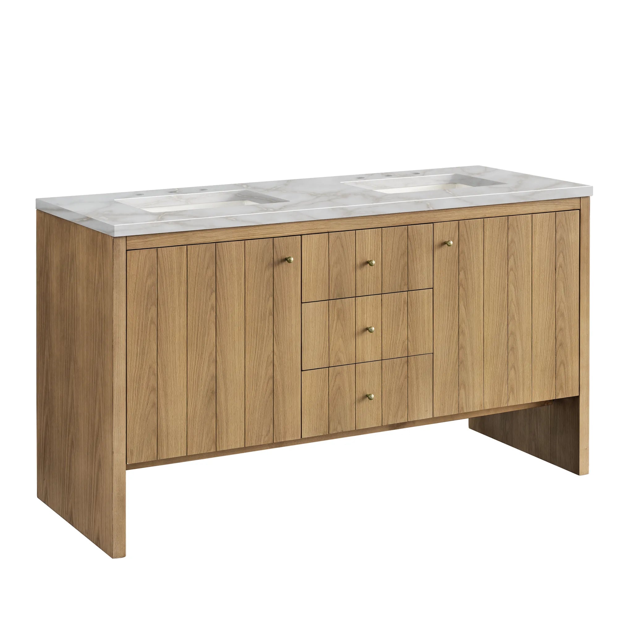 60" Hudson Double Vanity in Light Natural Oak Wireless Charger-Victorian Silver Silestone-8" Widespread image 9
