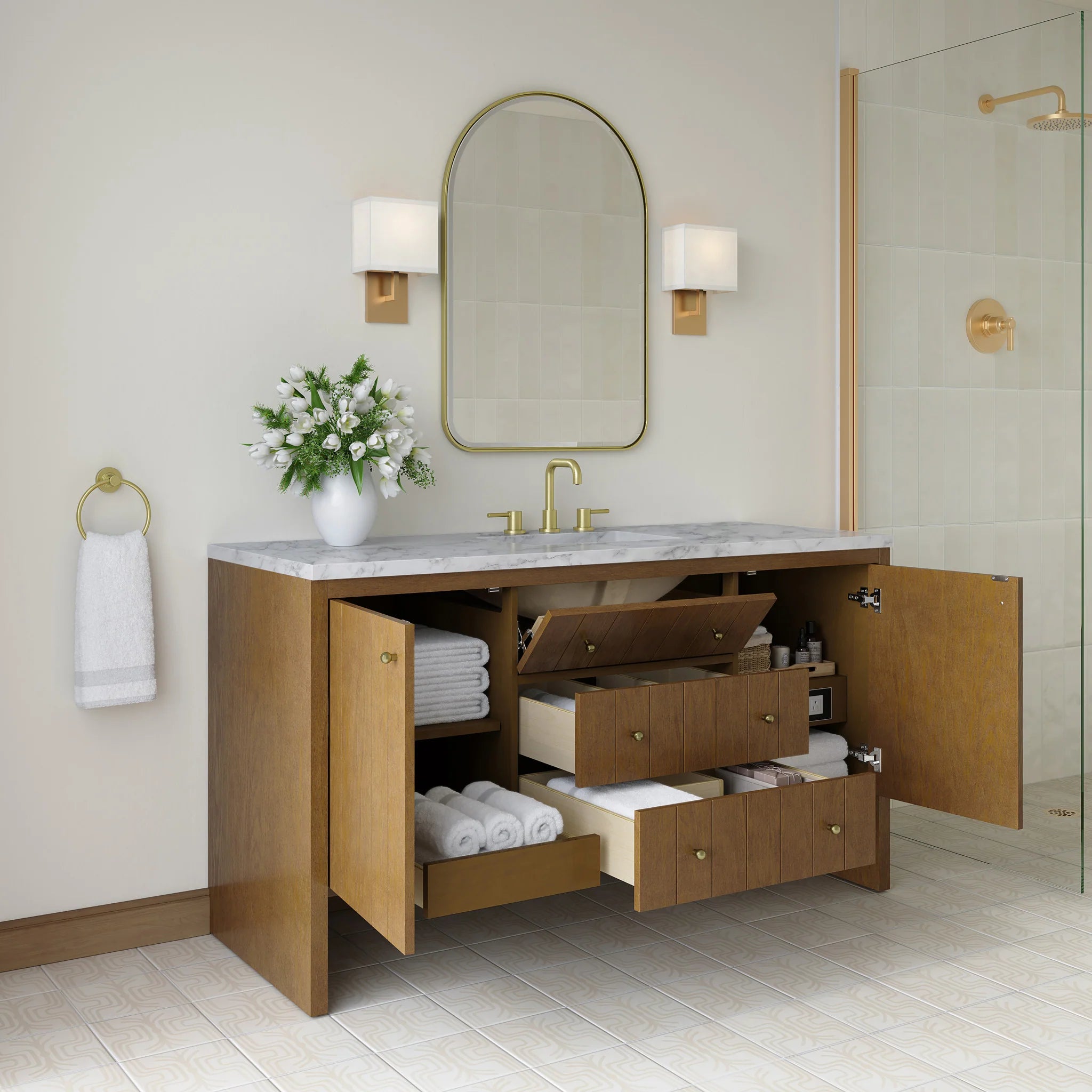 60" Hudson Single Vanity in Honey Oak by James Martin Vanities-Carrara White Marble 3