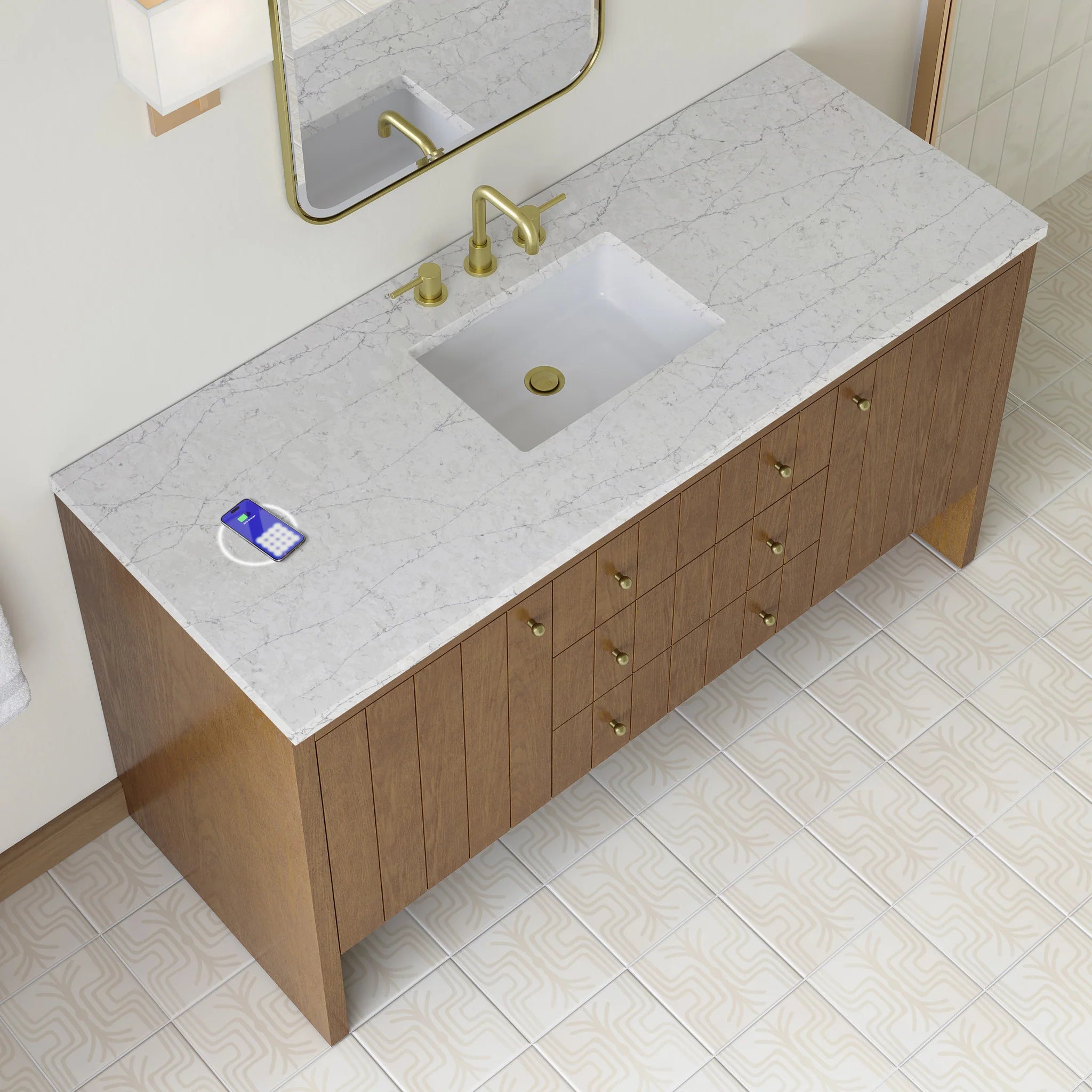 60" Hudson Single Vanity in Honey Oak w/FreePower Wireless Charger by James Martin Vanities-Eternal Jasmine Pearl Silestone 6