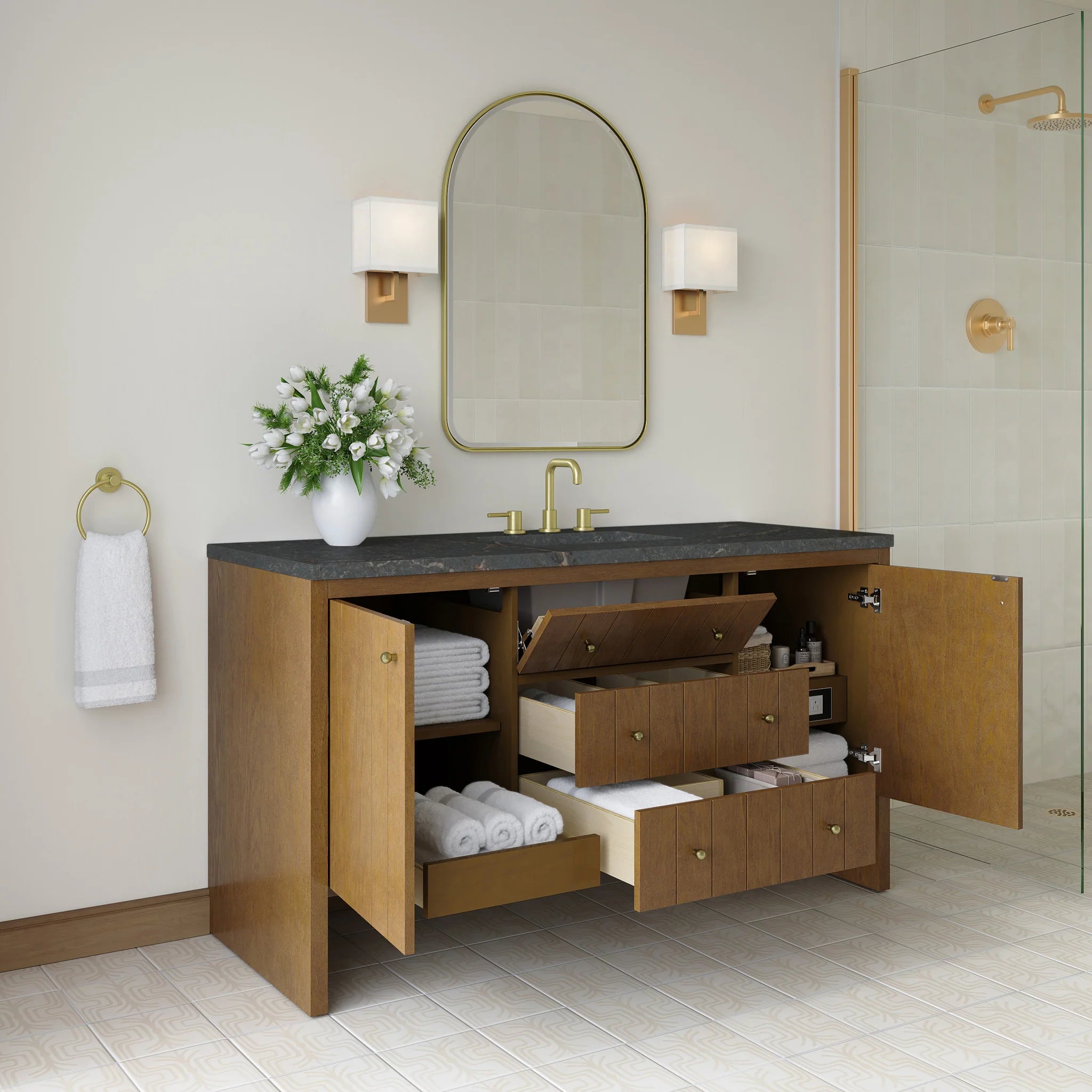 60" Hudson Single Vanity in Honey Oak w/FreePower Wireless Charger by James Martin Vanities-Parisien Bleu Silestone 3