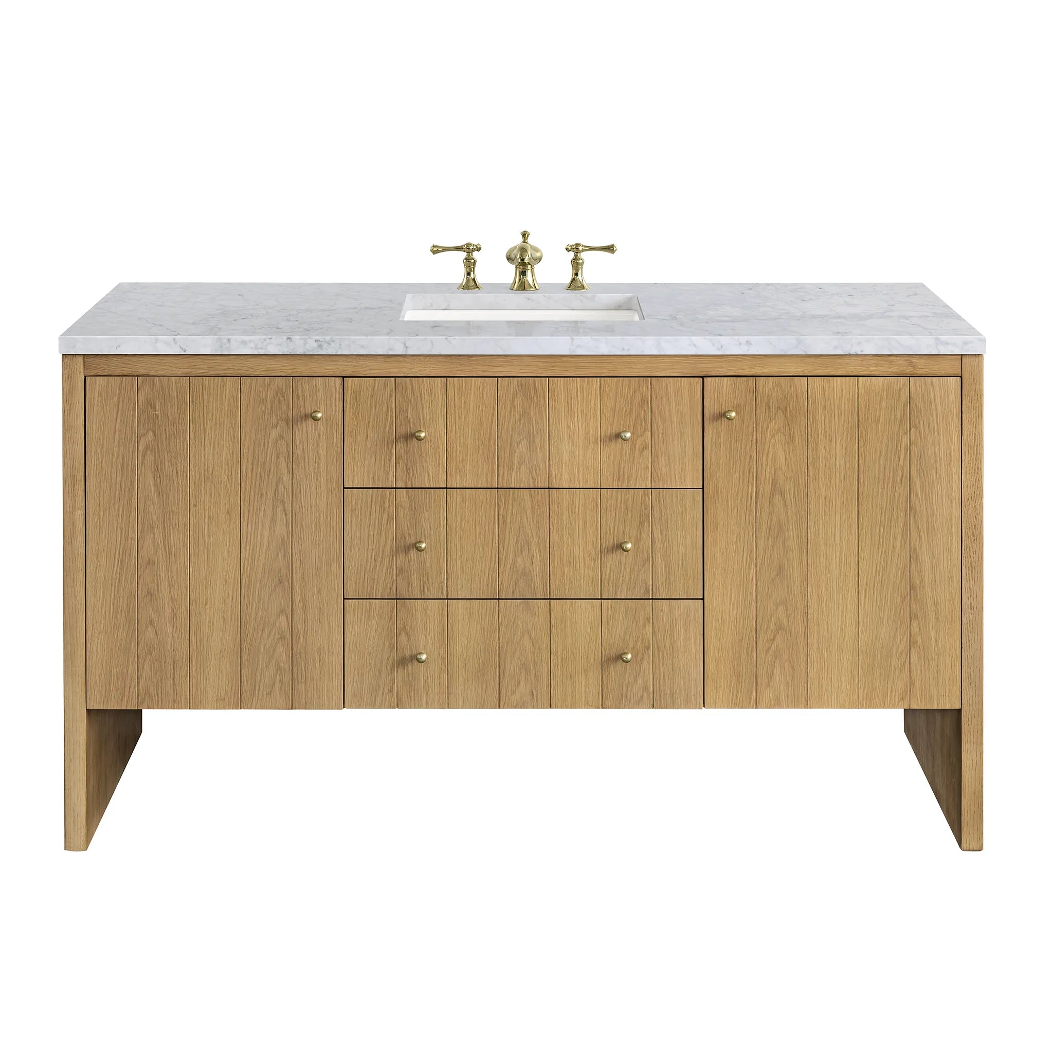60" Hudson Single Vanity in Light Natural Oak-Carrara White Marble-8" Widespread image