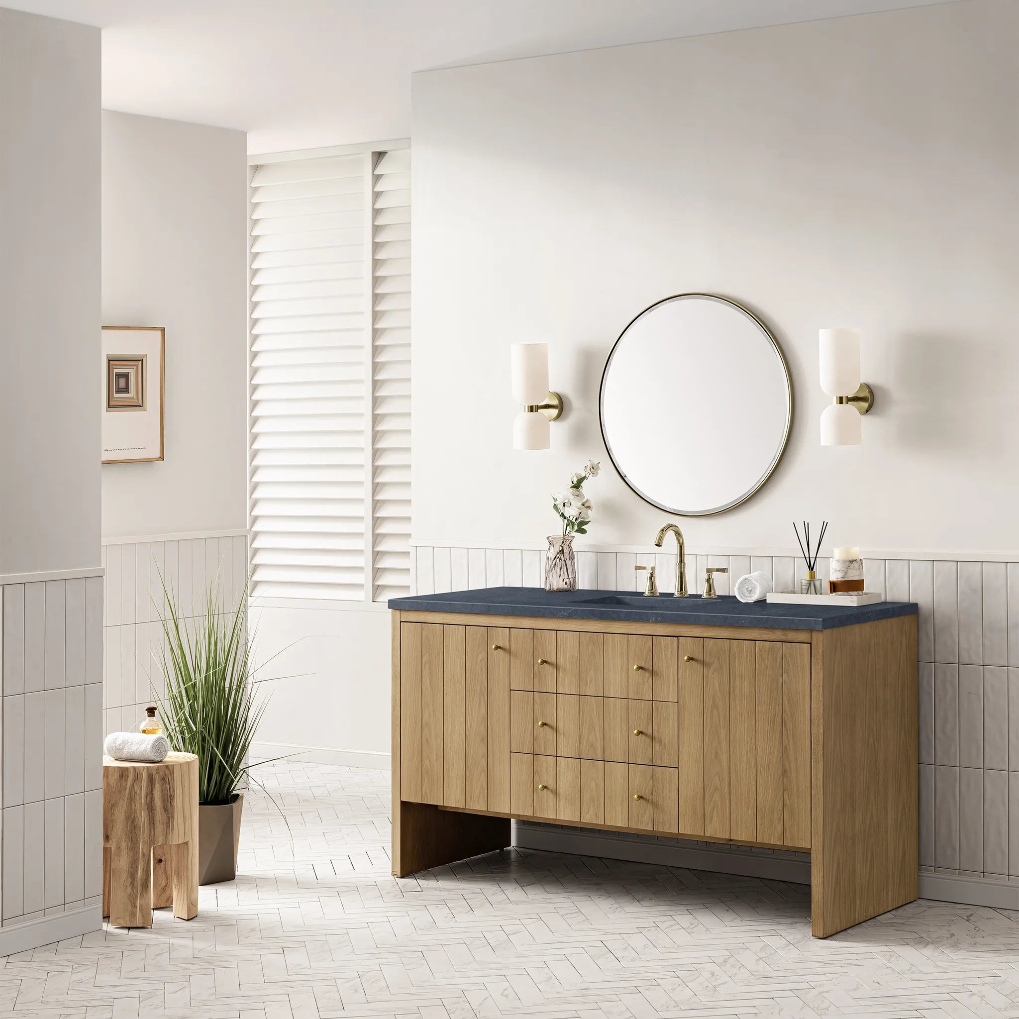 60" Hudson Single Vanity in Light Natural Oak-Charcoal Soapstone Silestone-8" Widespread image 2