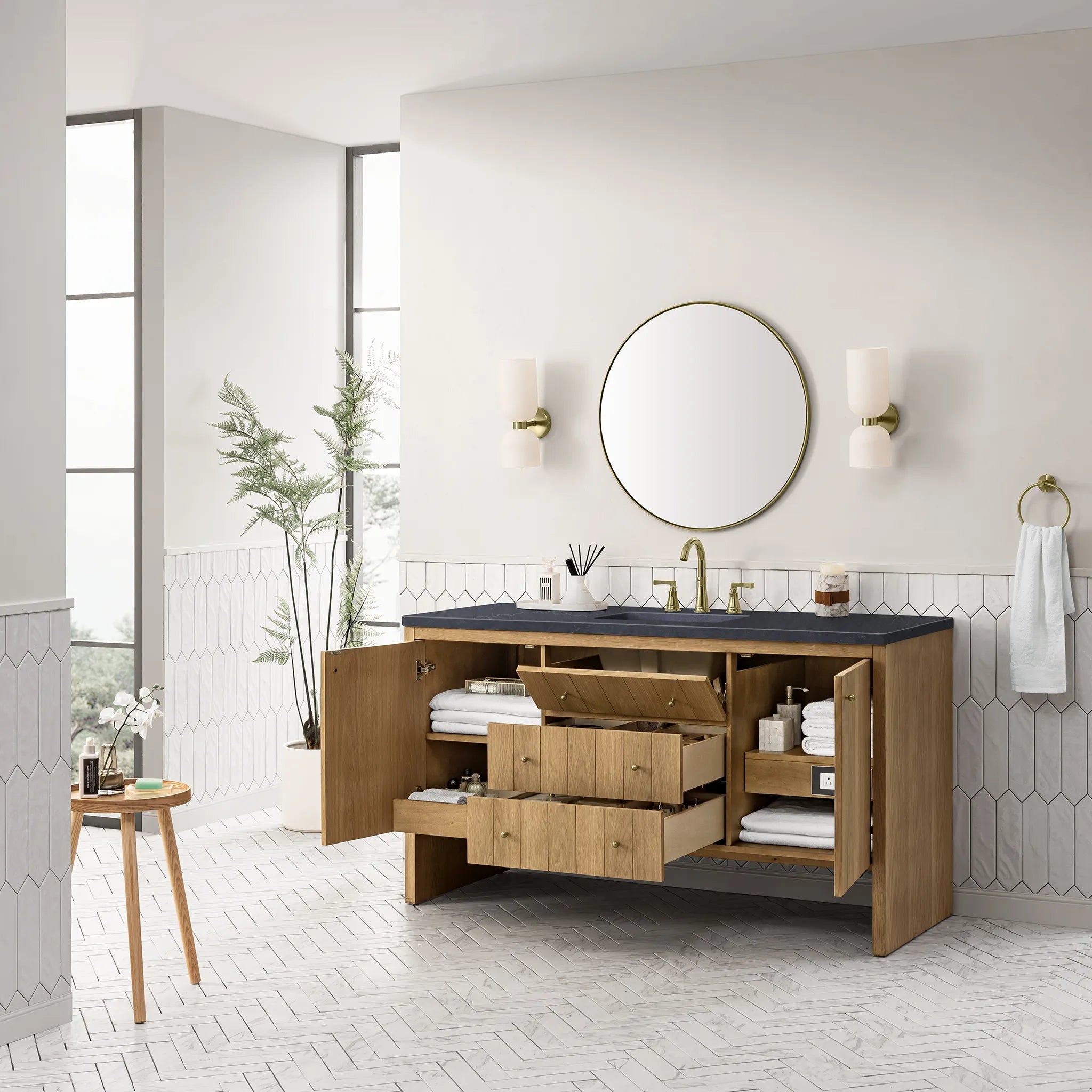 60" Hudson Single Vanity in Light Natural Oak-Charcoal Soapstone Silestone-8" Widespread image 3