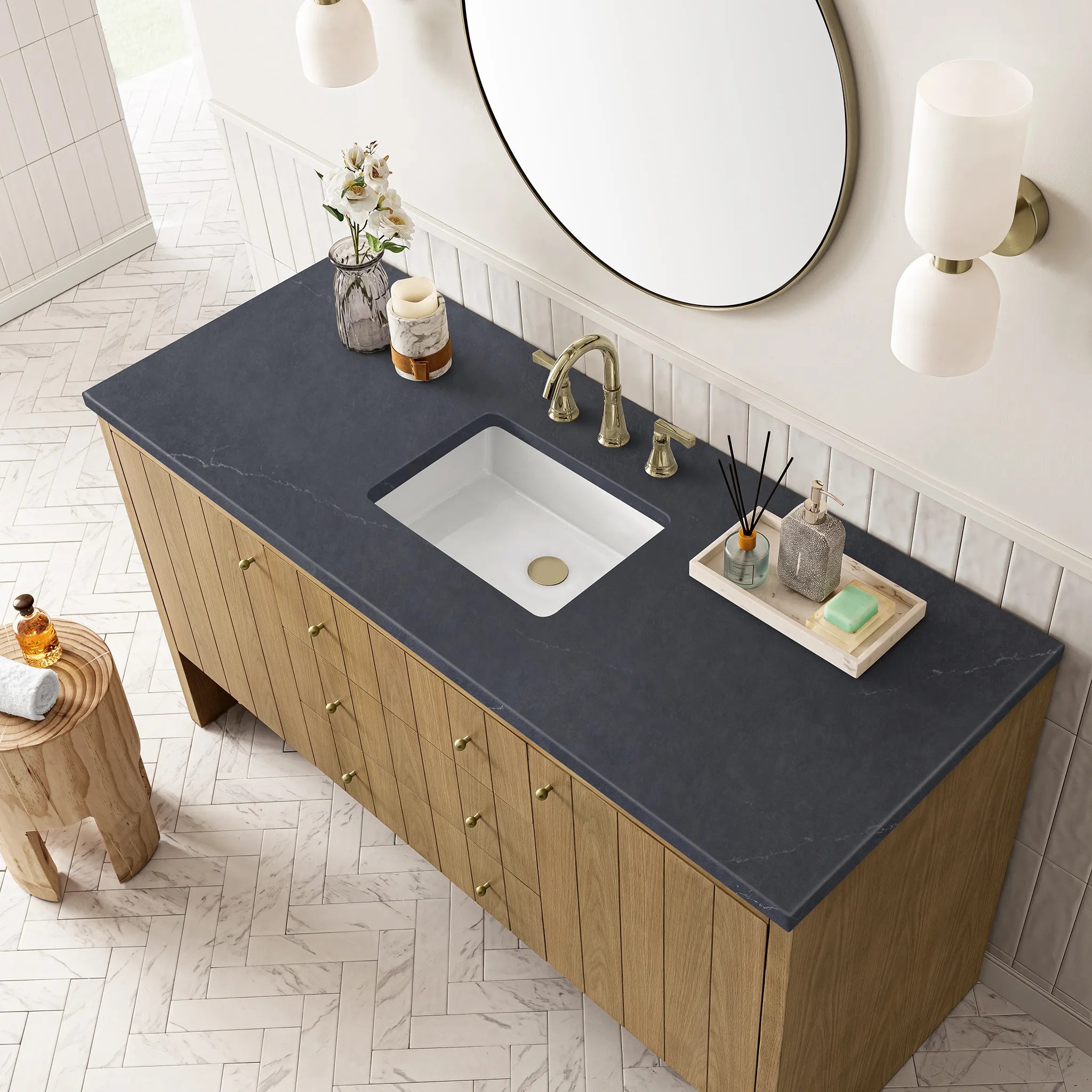 60" Hudson Single Vanity in Light Natural Oak-Charcoal Soapstone Silestone-8" Widespread image 5