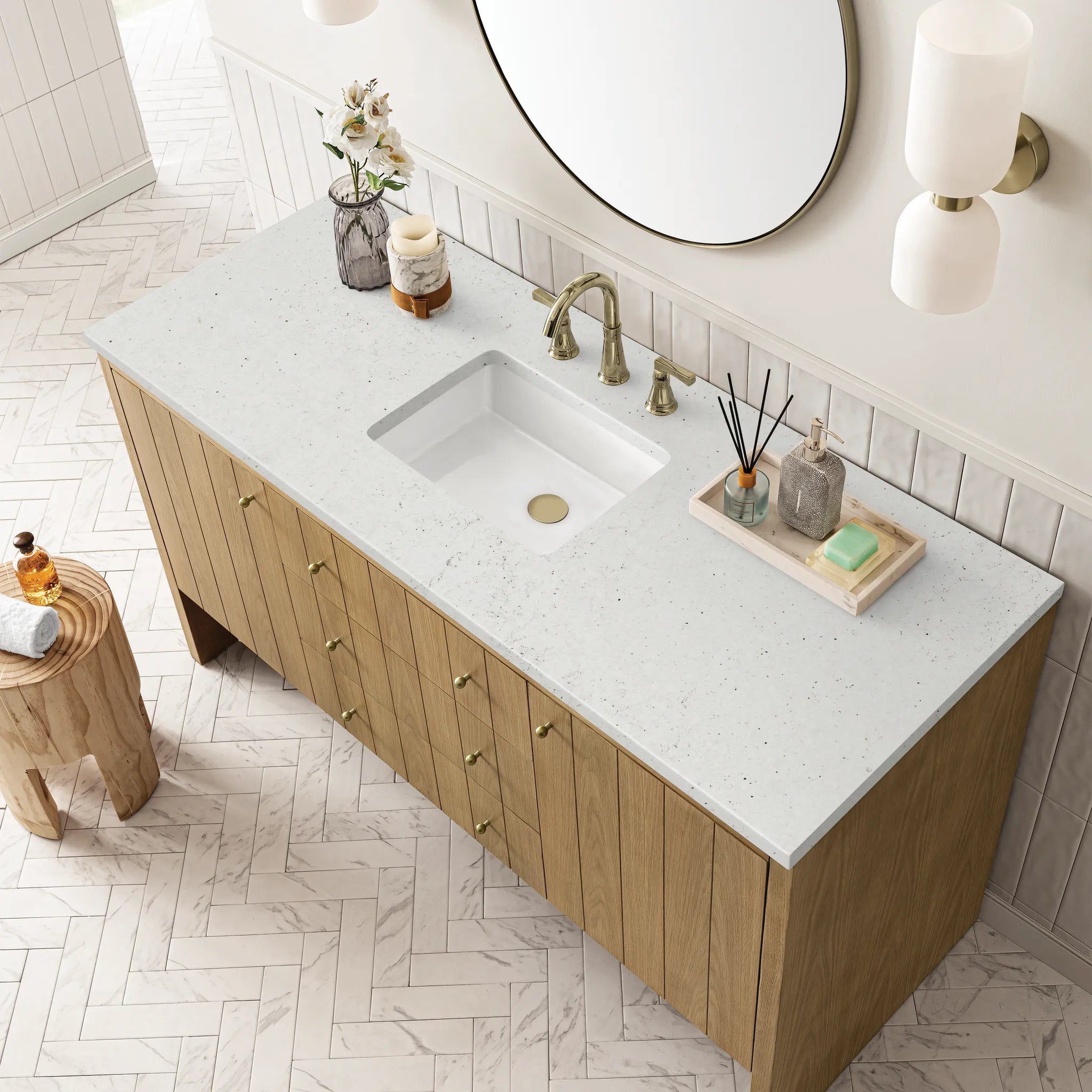60" Hudson Single Vanity in Light Natural Oak-Lime Delight Silestone-8" Widespread image 5